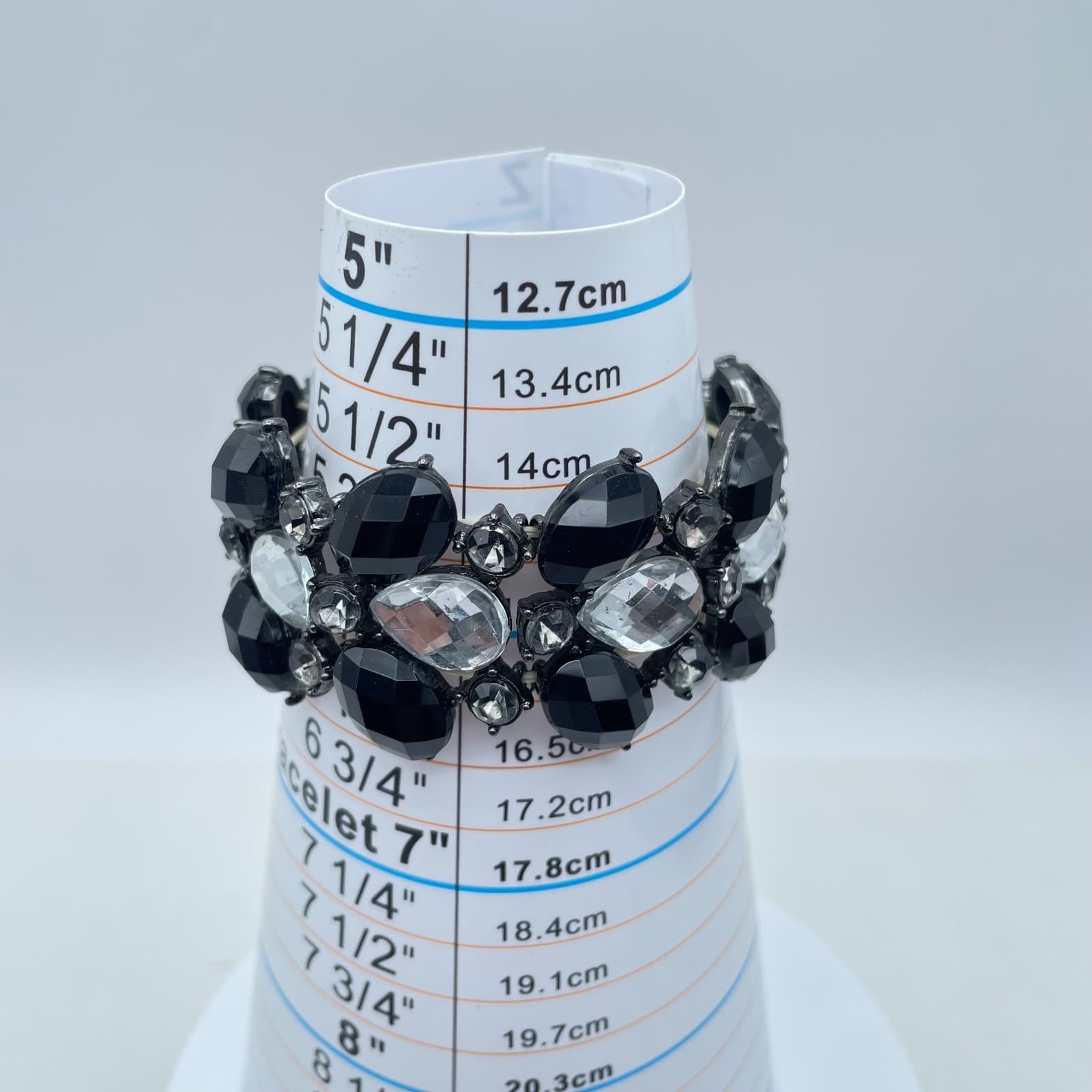 Vintage Black Clear Faceted Rhinestone Glass Teardrop Bead Rose Stretch Bracelet - Thumbnail 2