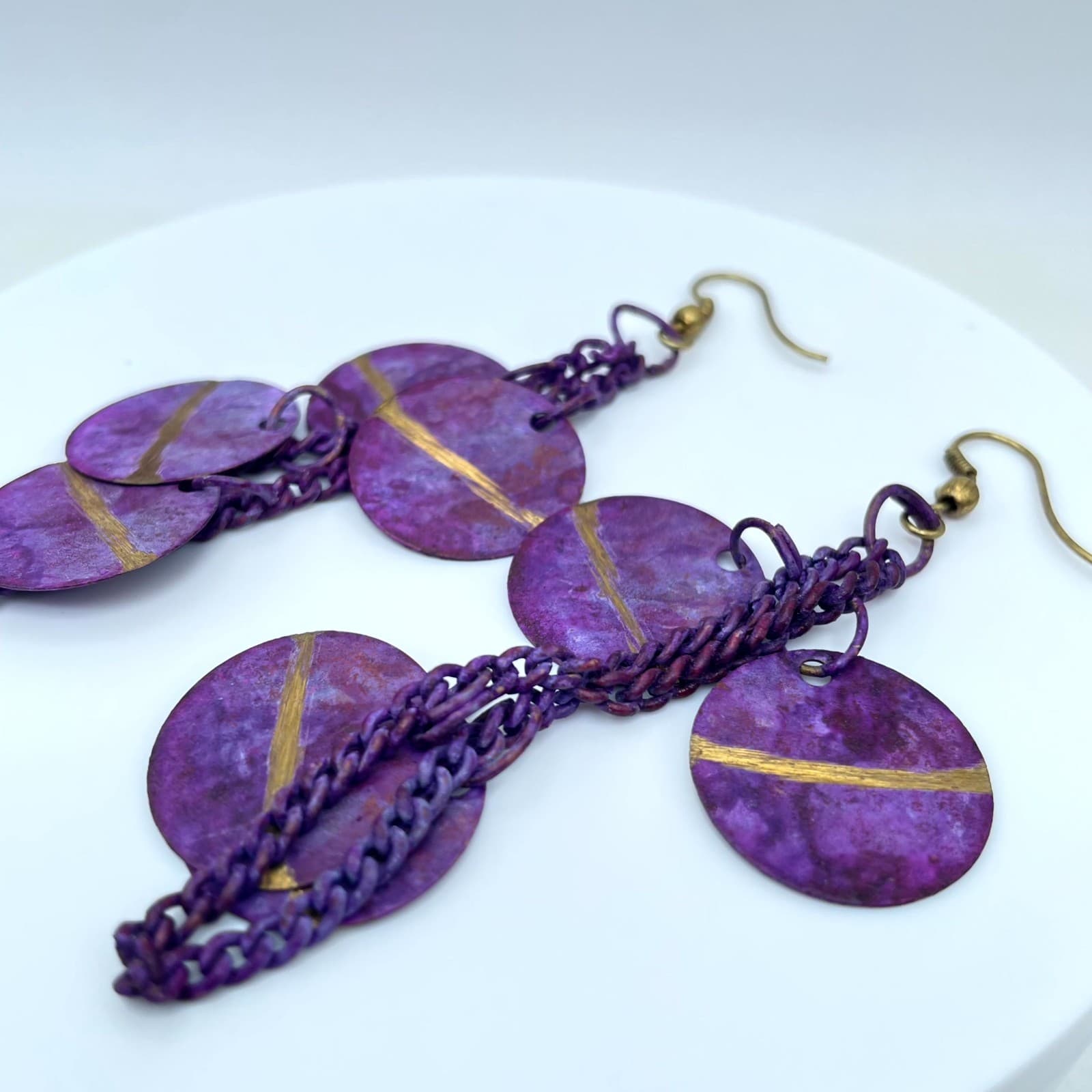 Vintage Y2K Purple Patina Disc Dangle Earrings Gold Stripe Statement Jewelry - Thumbnail 3