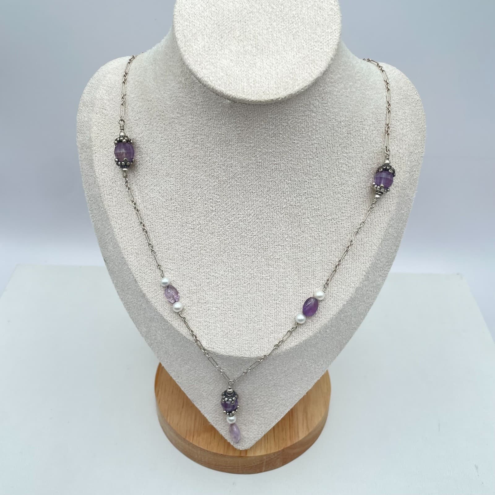 Southwestern Boho Silver-Tone Amethyst Freshwater Pearls Beaded Station Necklace - Image 1