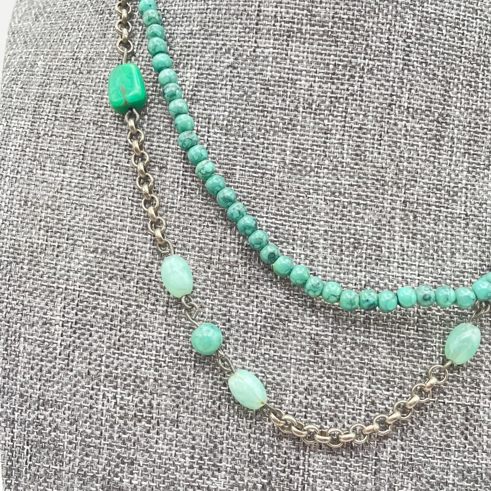 VTG Silver-Tone Rolo Turquoise Beaded Double-Stranded Layered Lobster Necklace - Thumbnail 4