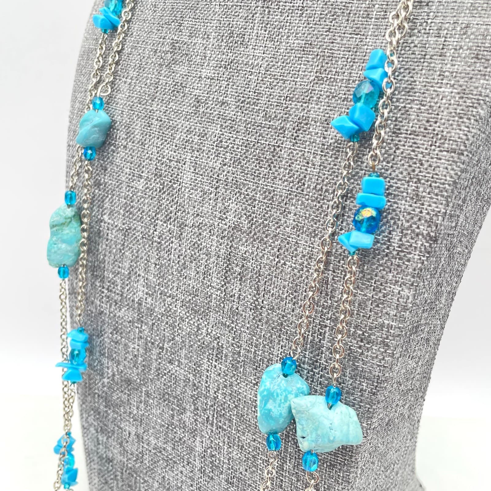 Vintage Silver-Tone Round Link Chain Natural Turquoise Beads Station Neckalce - Thumbnail 3