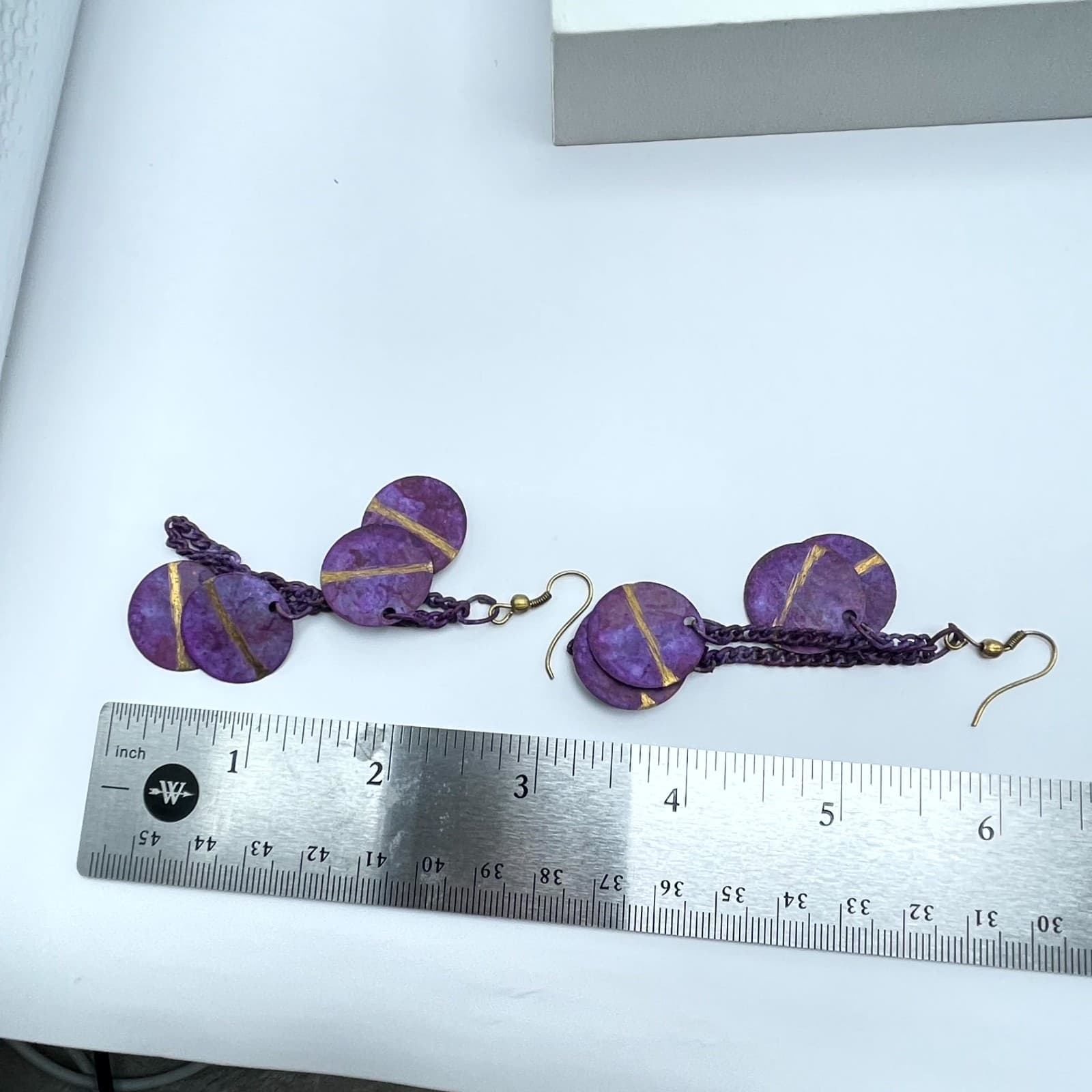 Vintage Y2K Purple Patina Disc Dangle Earrings Gold Stripe Statement Jewelry - Thumbnail 7