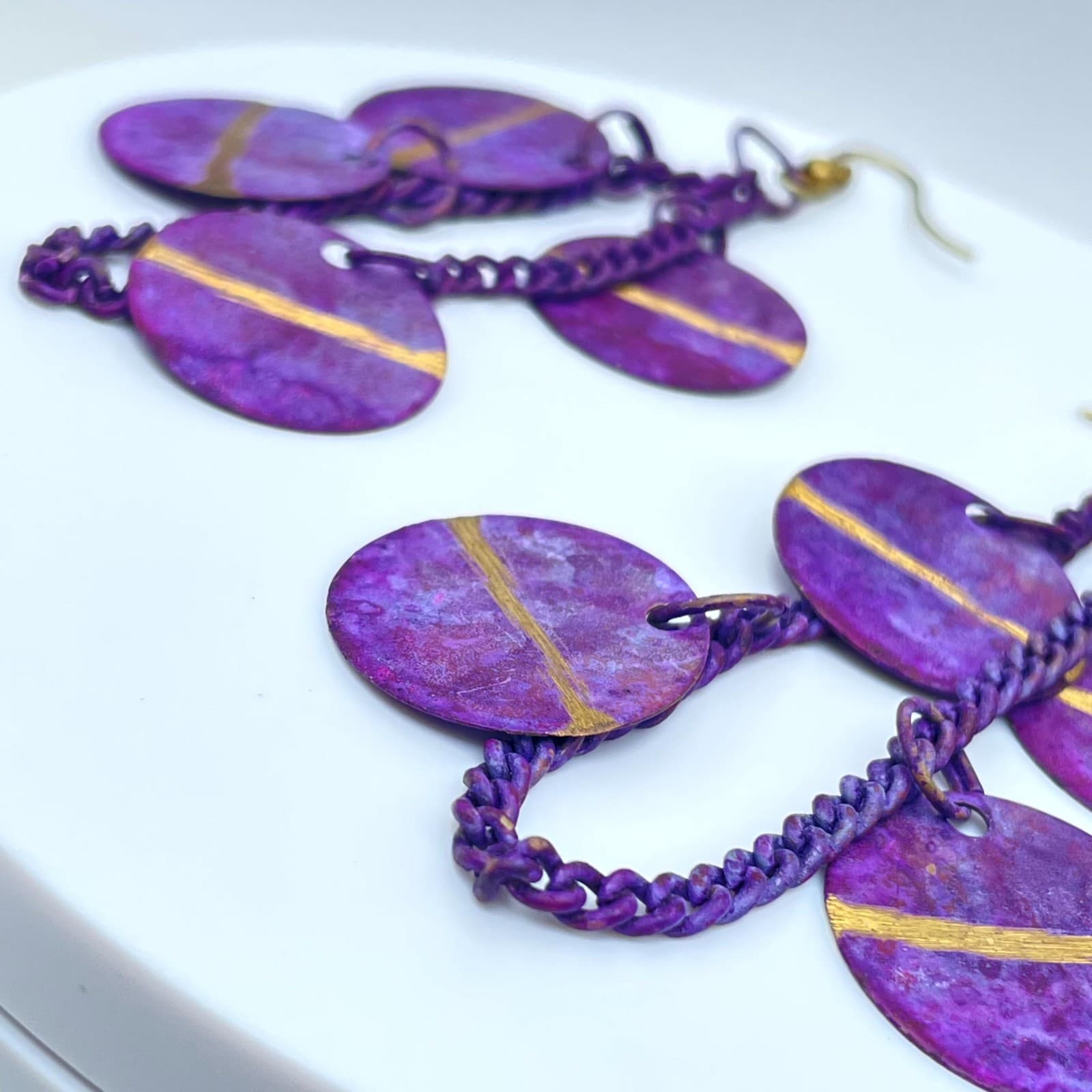 Vintage Y2K Purple Patina Disc Dangle Earrings Gold Stripe Statement Jewelry - Thumbnail 6