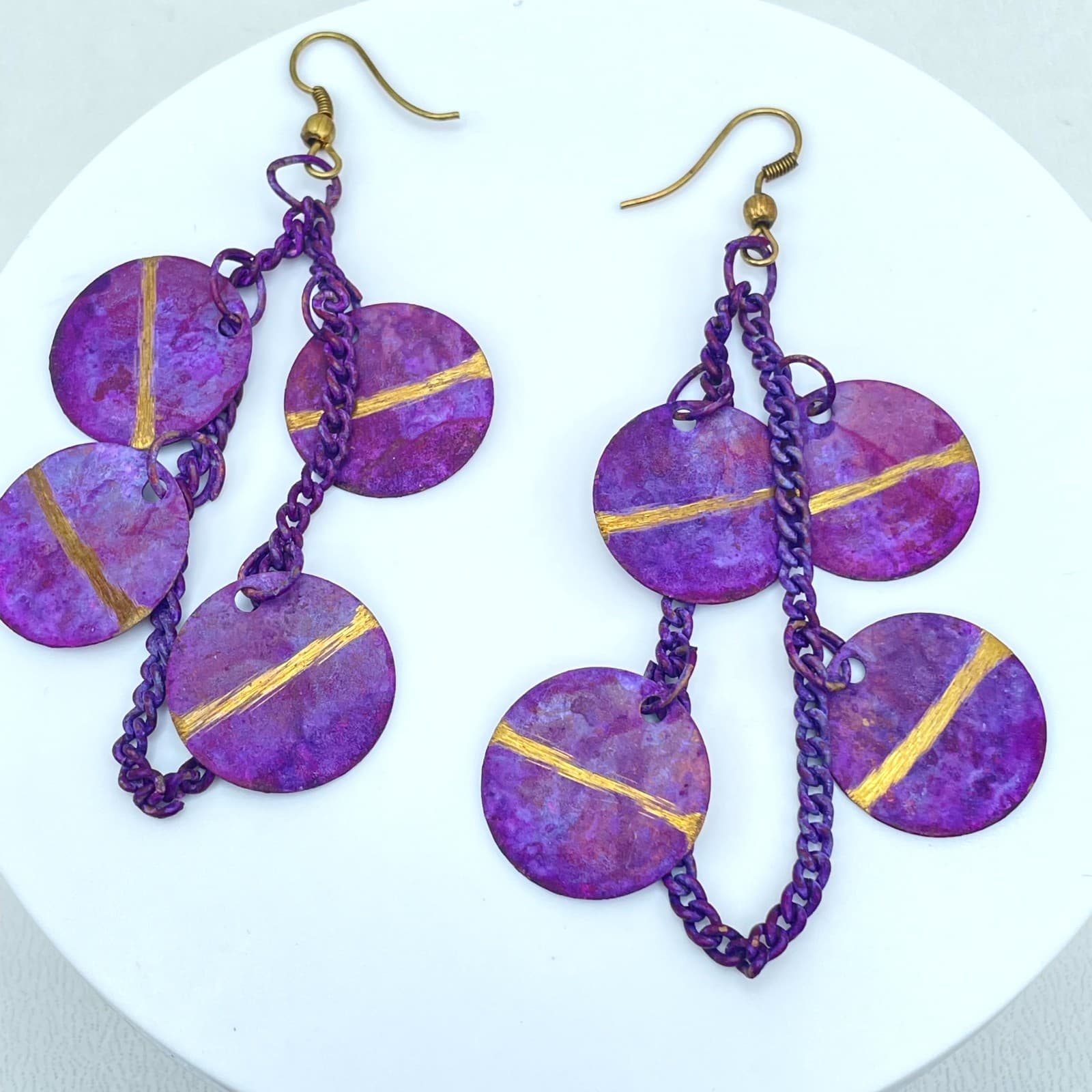 Vintage Y2K Purple Patina Disc Dangle Earrings Gold Stripe Statement Jewelry - Image 1