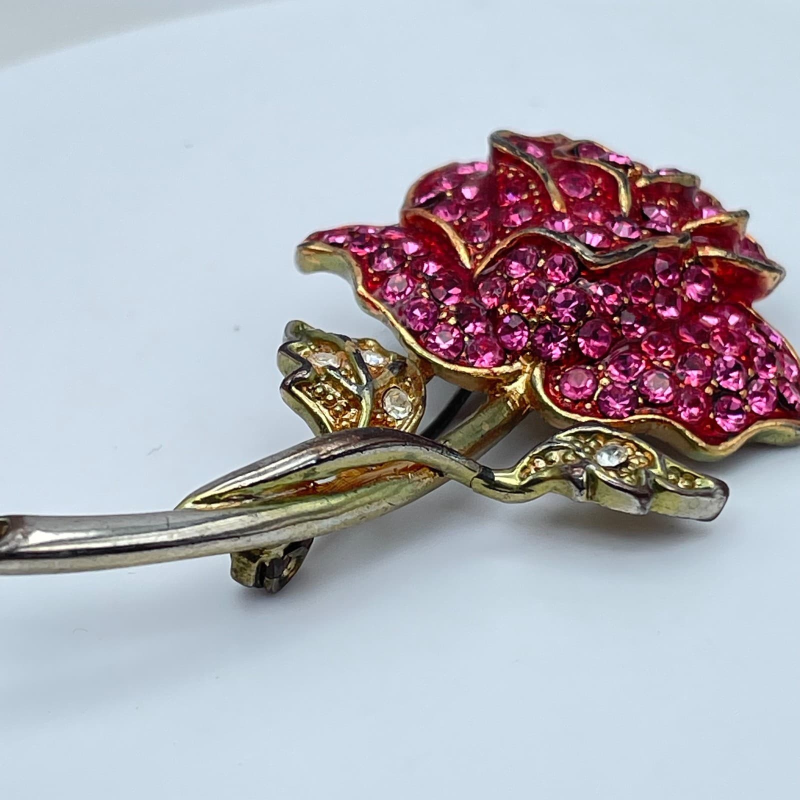 Vintage Gold-Tone Pink Pavé Rhinestone Bold Rose Flower Figural Brooch Pin - Thumbnail 6