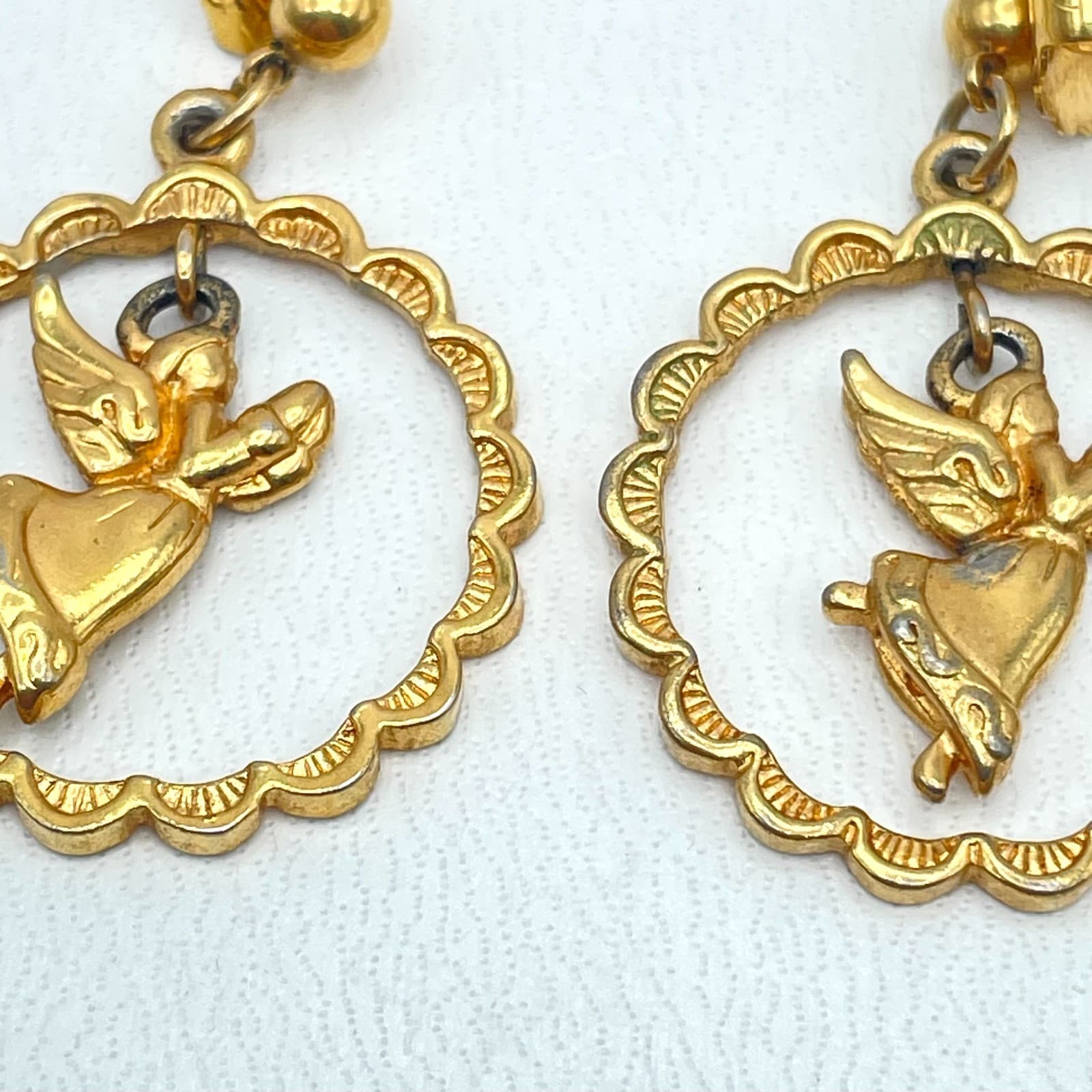 Vintage Gold-Tone Engraved Metal Soaring Angel Dangle Butterfly Back Earrings - Thumbnail 5