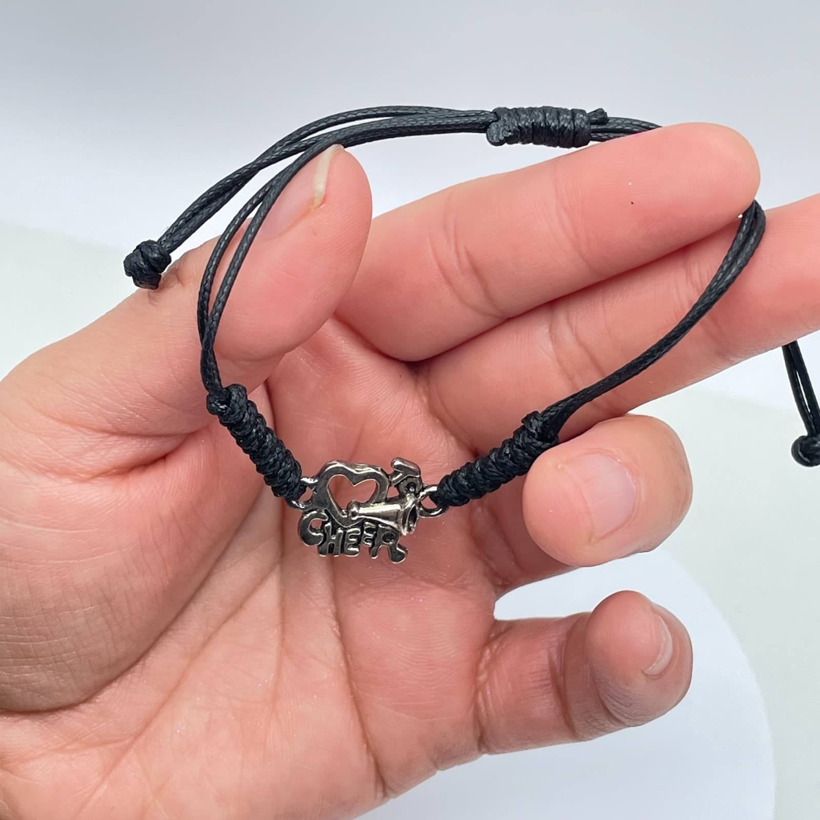 Adjustable Silver-Tone Black Cord Wax Rope Heart Cheerleading Charm Bracelet - Thumbnail 8