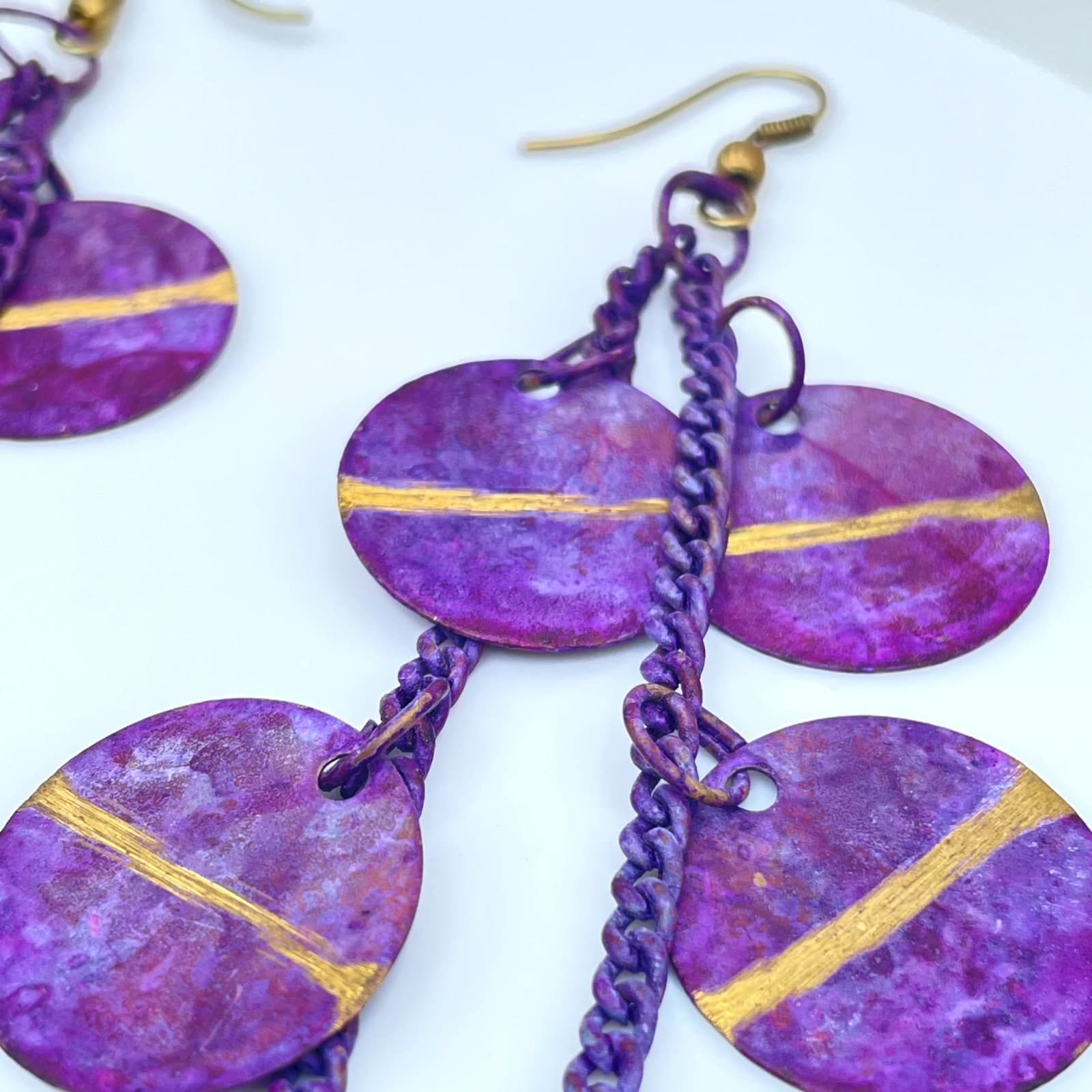 Vintage Y2K Purple Patina Disc Dangle Earrings Gold Stripe Statement Jewelry - Thumbnail 4