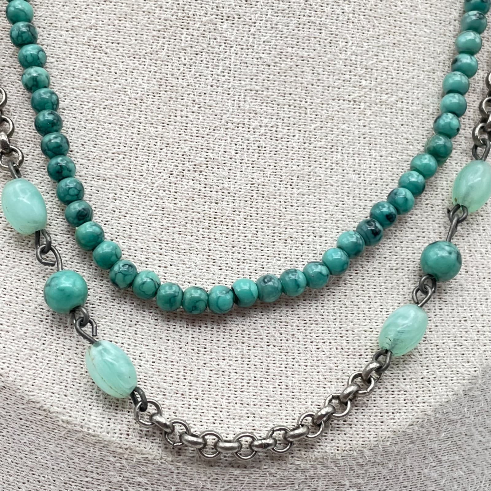 VTG Silver-Tone Rolo Turquoise Beaded Double-Stranded Layered Lobster Necklace - Thumbnail 7