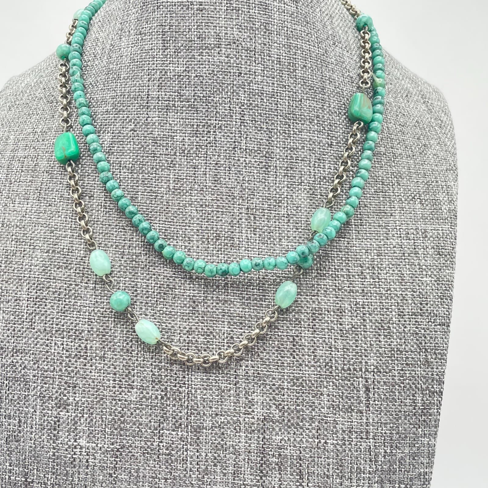 VTG Silver-Tone Rolo Turquoise Beaded Double-Stranded Layered Lobster Necklace - Thumbnail 3