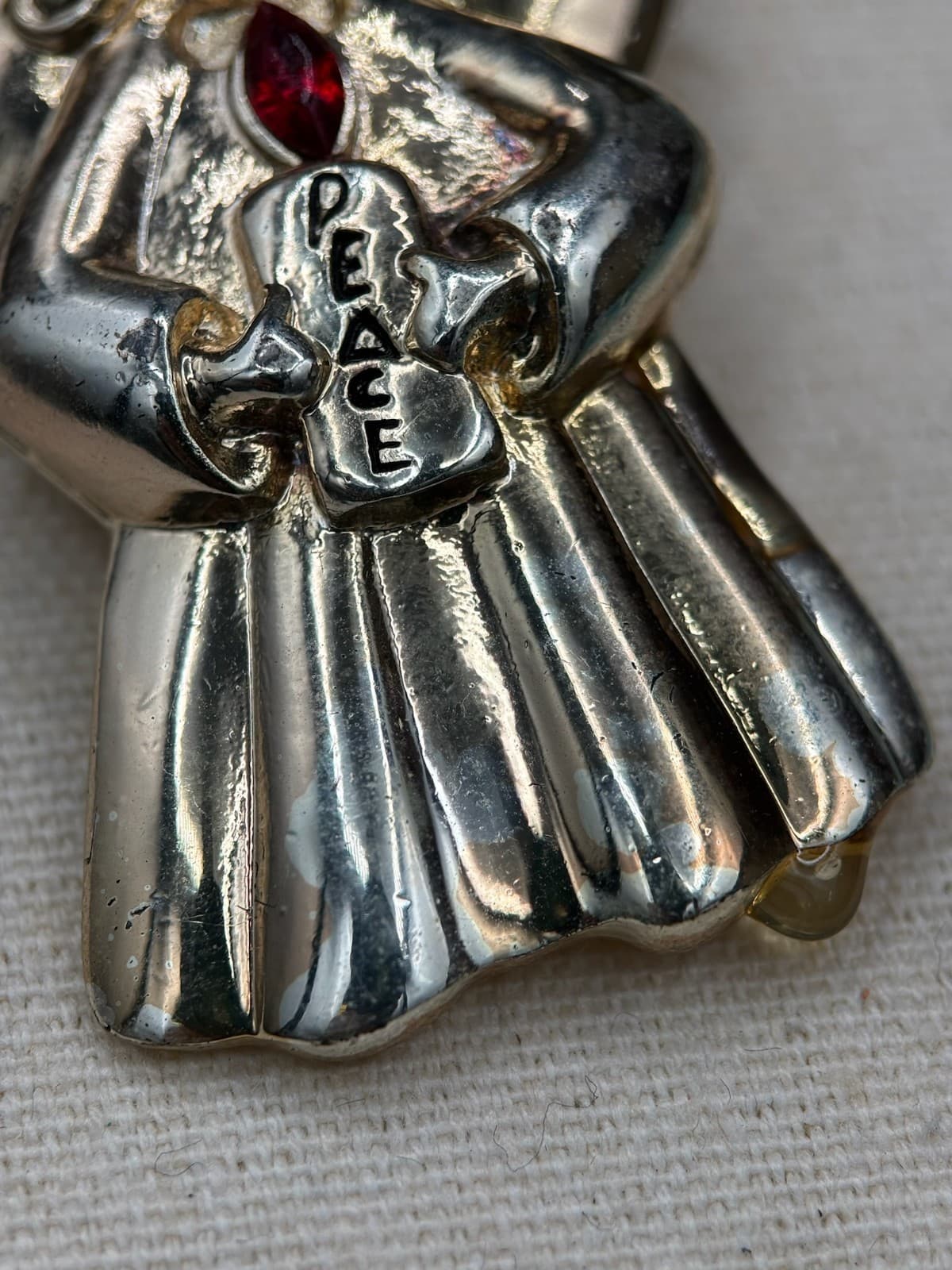 Vintage AAI Angel Brooch Pin Silver Tone Metal Red Rhinestone Christmas Figural - Image 1