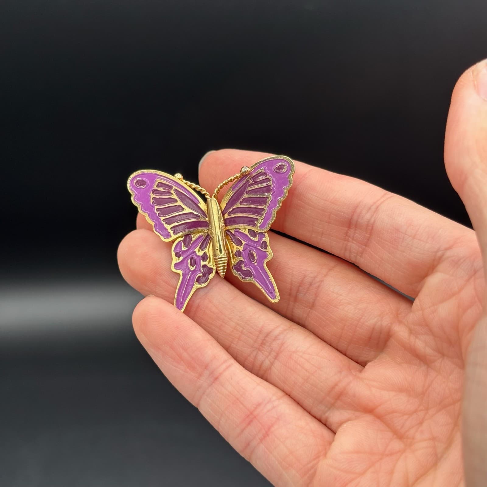 Vintage Purple Enamel Gold-Tone Metal Christmas Fashion Butterfly Brooch Pin - Thumbnail 4