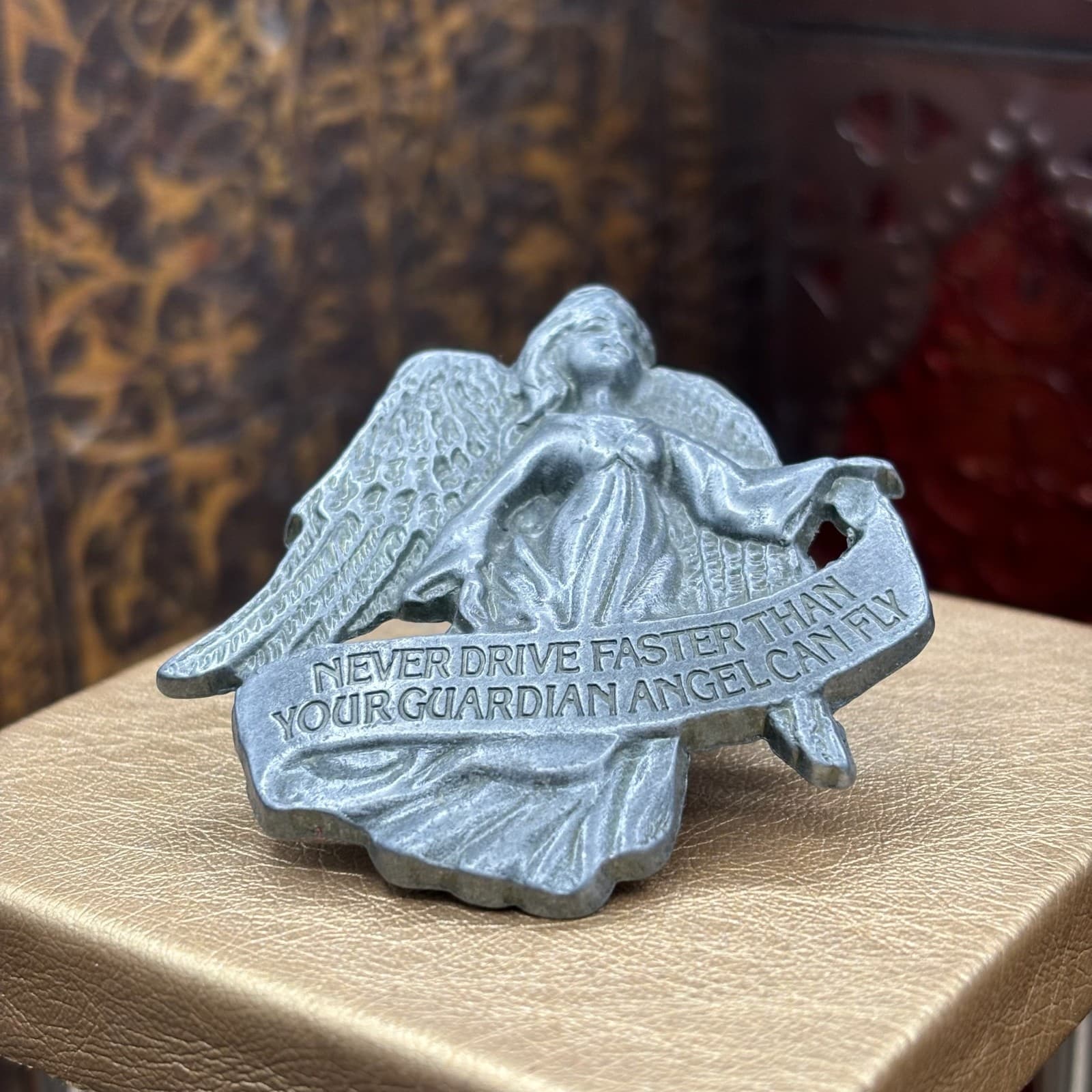 Vintage Guardian Angel Car Visor Clip Pin Pendant Pewter Tone Metal Safety Gift - Image 1