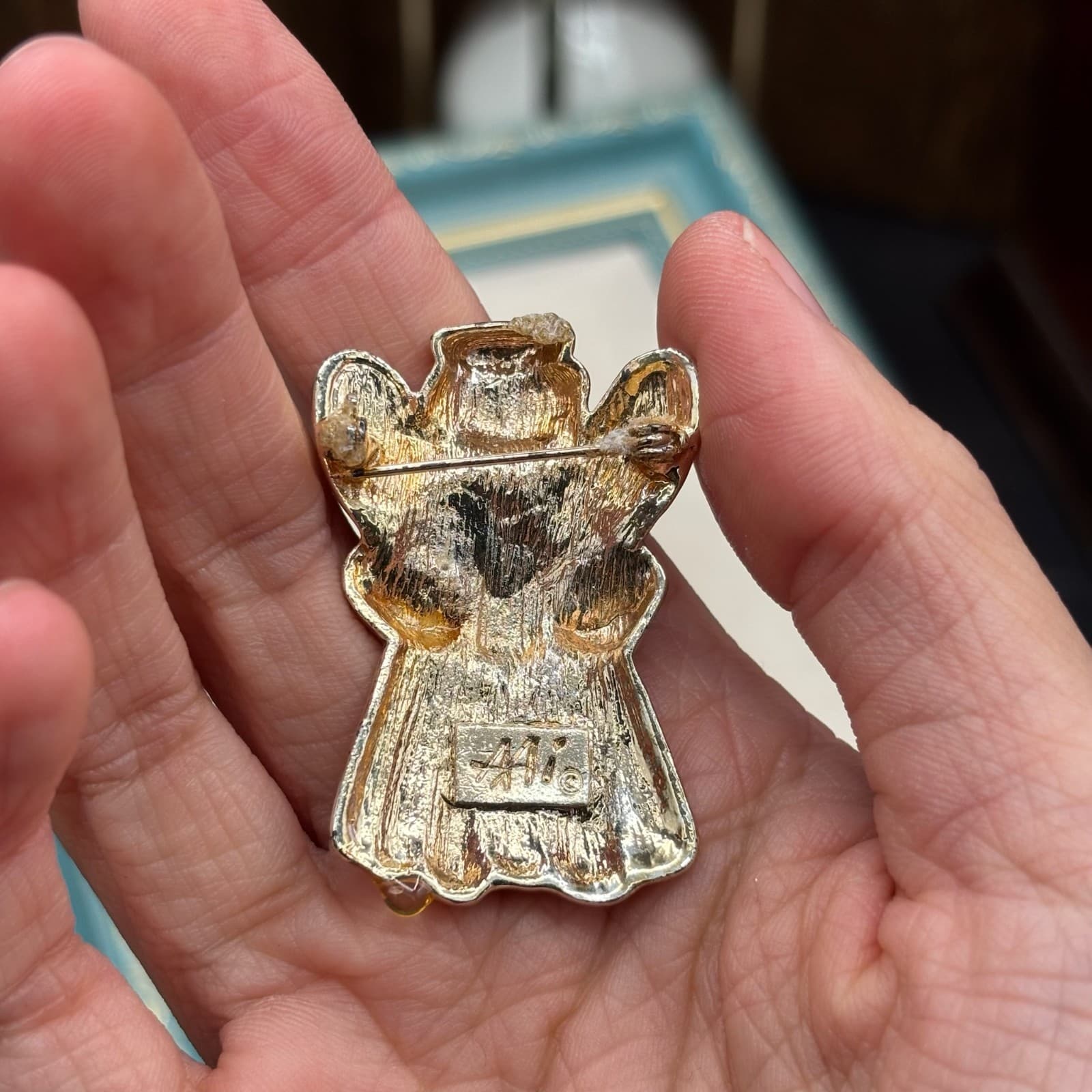 Vintage AAI Angel Brooch Pin Silver Tone Metal Red Rhinestone Christmas Figural - Thumbnail 5