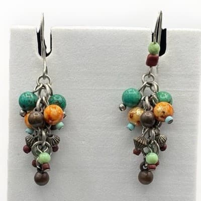 Boho Multi-Color Beaded Cluster Dangle Earrings Artisan Earthy Style - Image 1