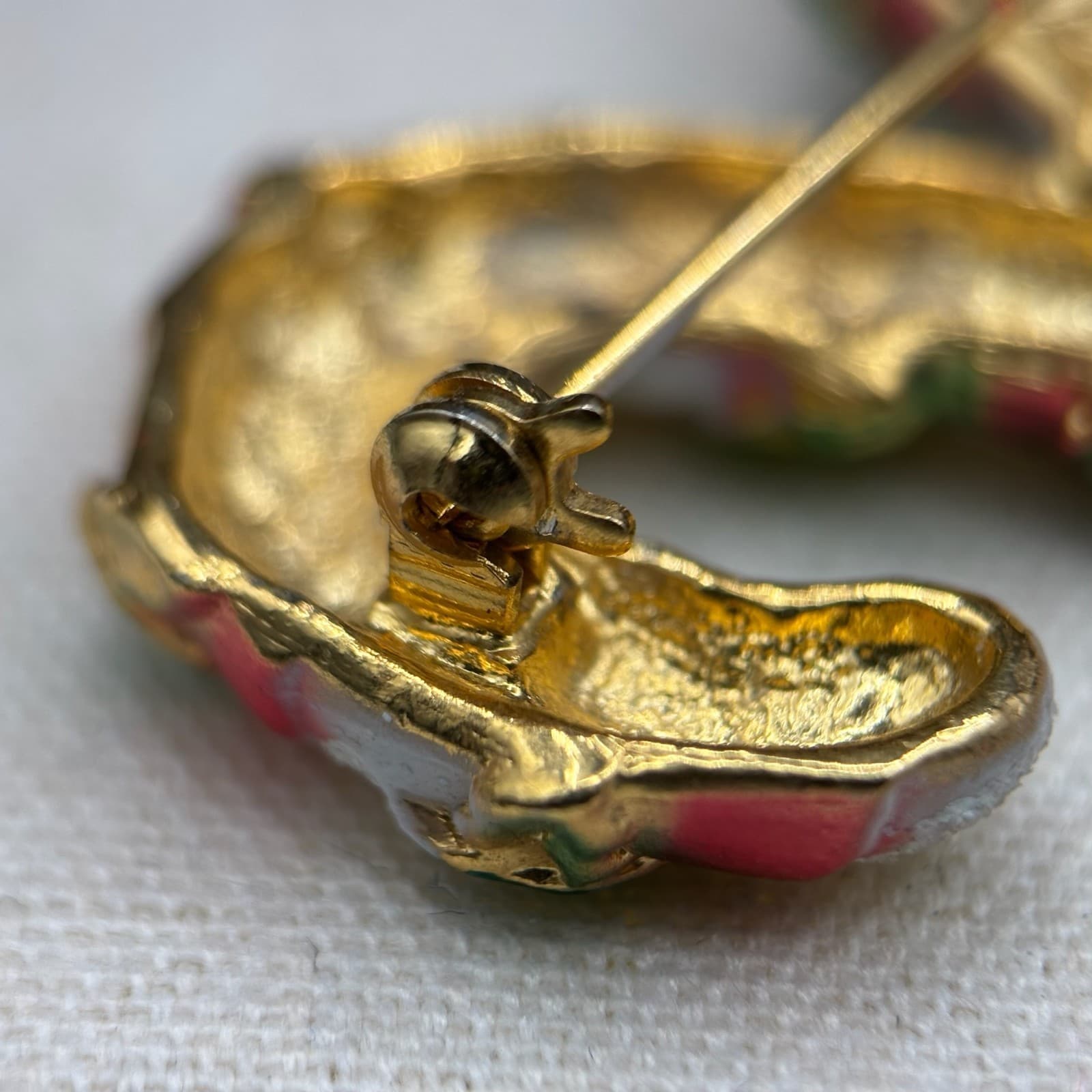 Vintage VTG Christmas Candy Cane Brooch Gold Tone Red Green Enamel Glitter Pin - Thumbnail 3