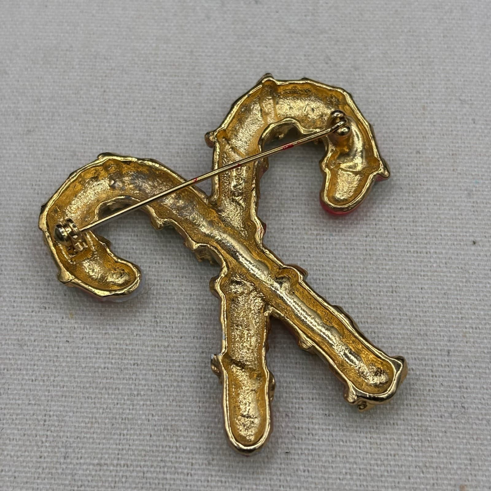 Vintage VTG Christmas Candy Cane Brooch Gold Tone Red Green Enamel Glitter Pin - Thumbnail 4