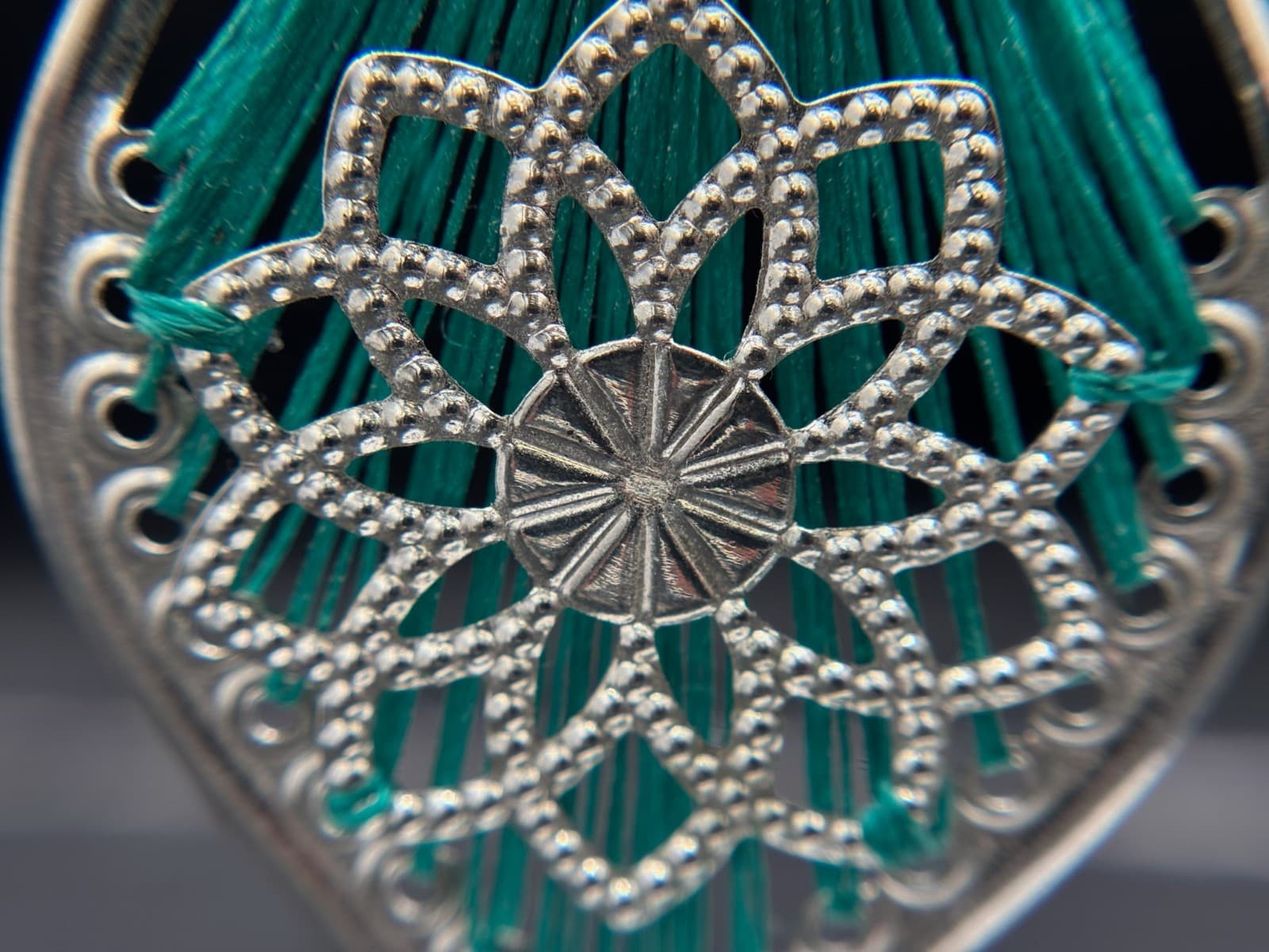 Vintage Y2K Teal Thread Wrapped Mandala Drop Earrings Boho Festival Statement - Thumbnail 4