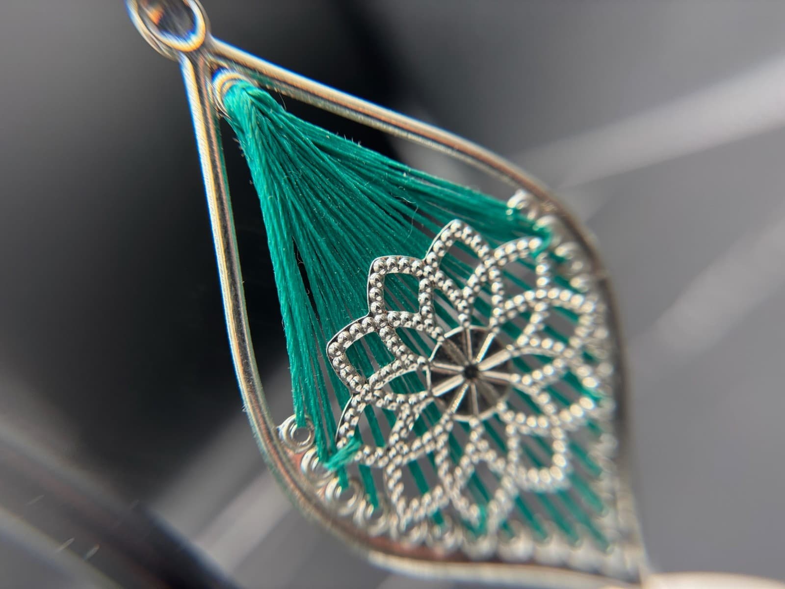 Vintage Y2K Teal Thread Wrapped Mandala Drop Earrings Boho Festival Statement - Thumbnail 3