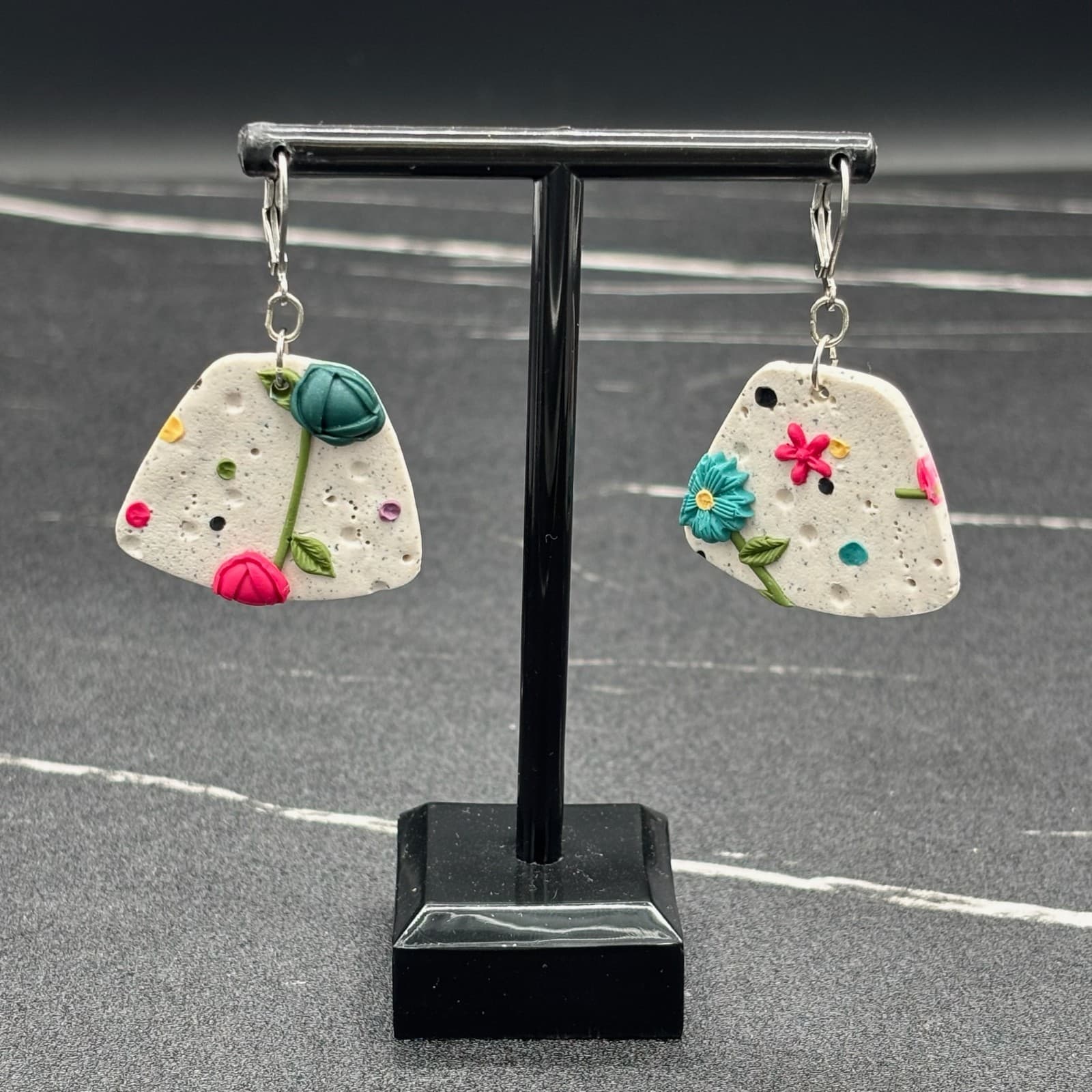 Polymer Clay Flower Earrings Speckled Neutral Geometric Boho Spring Statement - Image 1