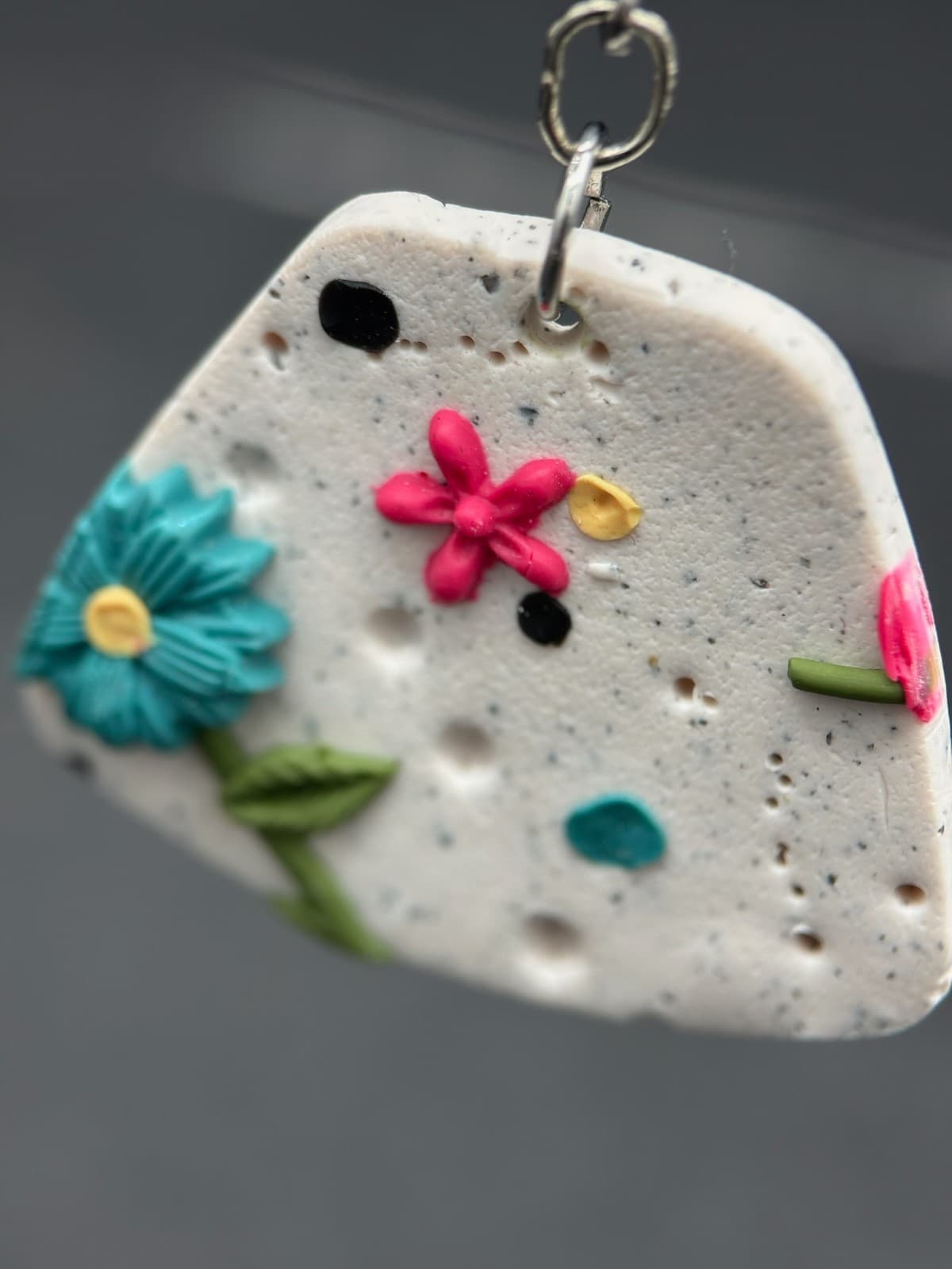 Polymer Clay Flower Earrings Speckled Neutral Geometric Boho Spring Statement - Thumbnail 3