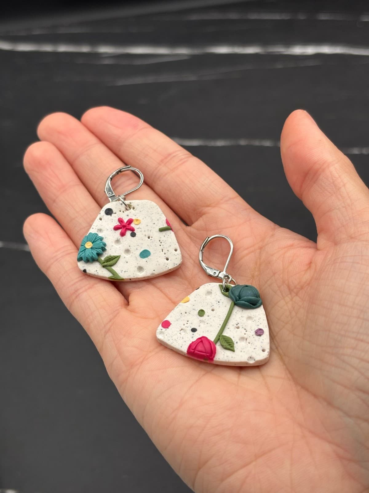 Polymer Clay Flower Earrings Speckled Neutral Geometric Boho Spring Statement - Thumbnail 7