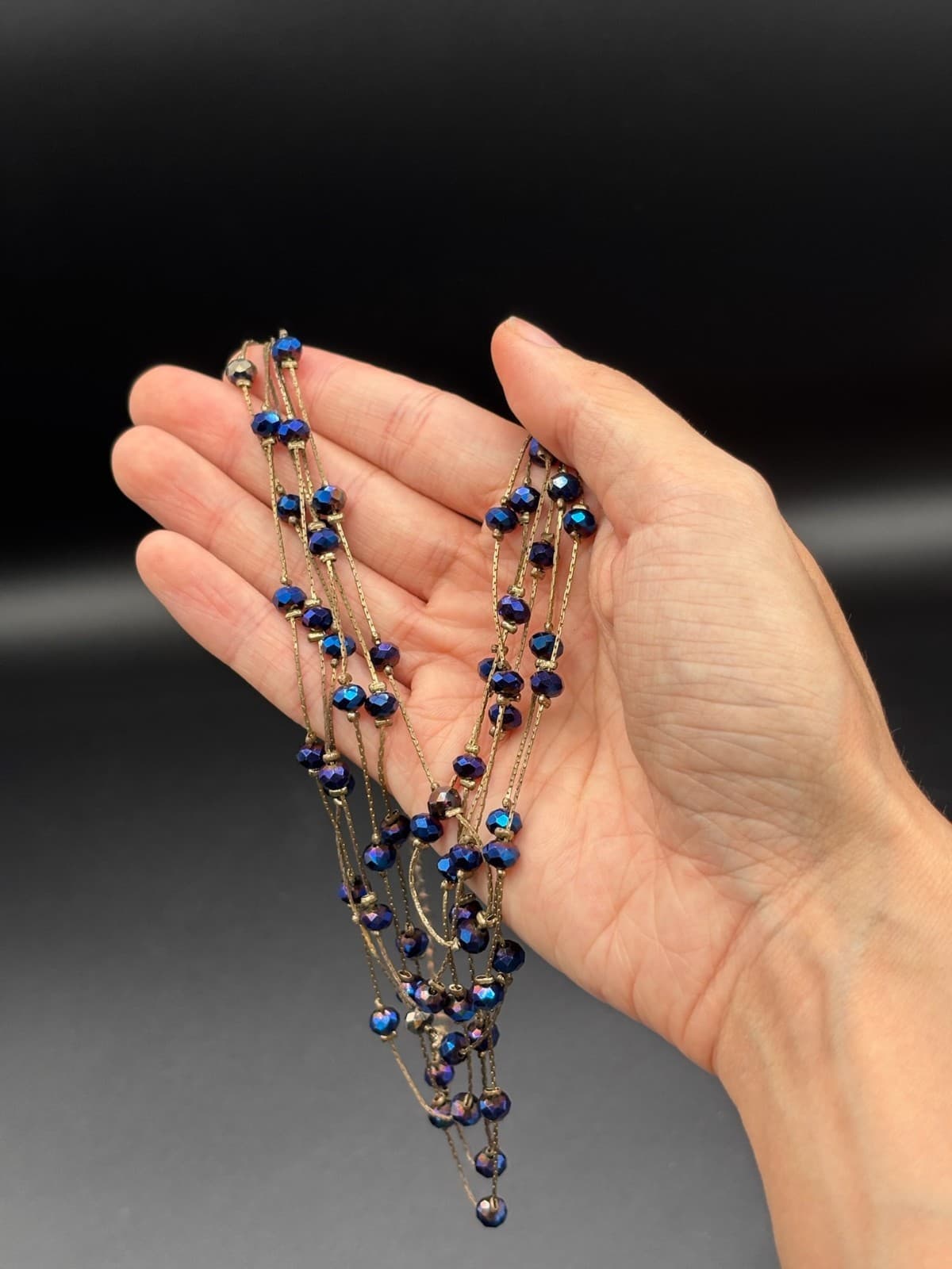 Vintage Multi-Strand Gold Silk Thread Iridescent Blue Glass Beads Several Layer - Thumbnail 4