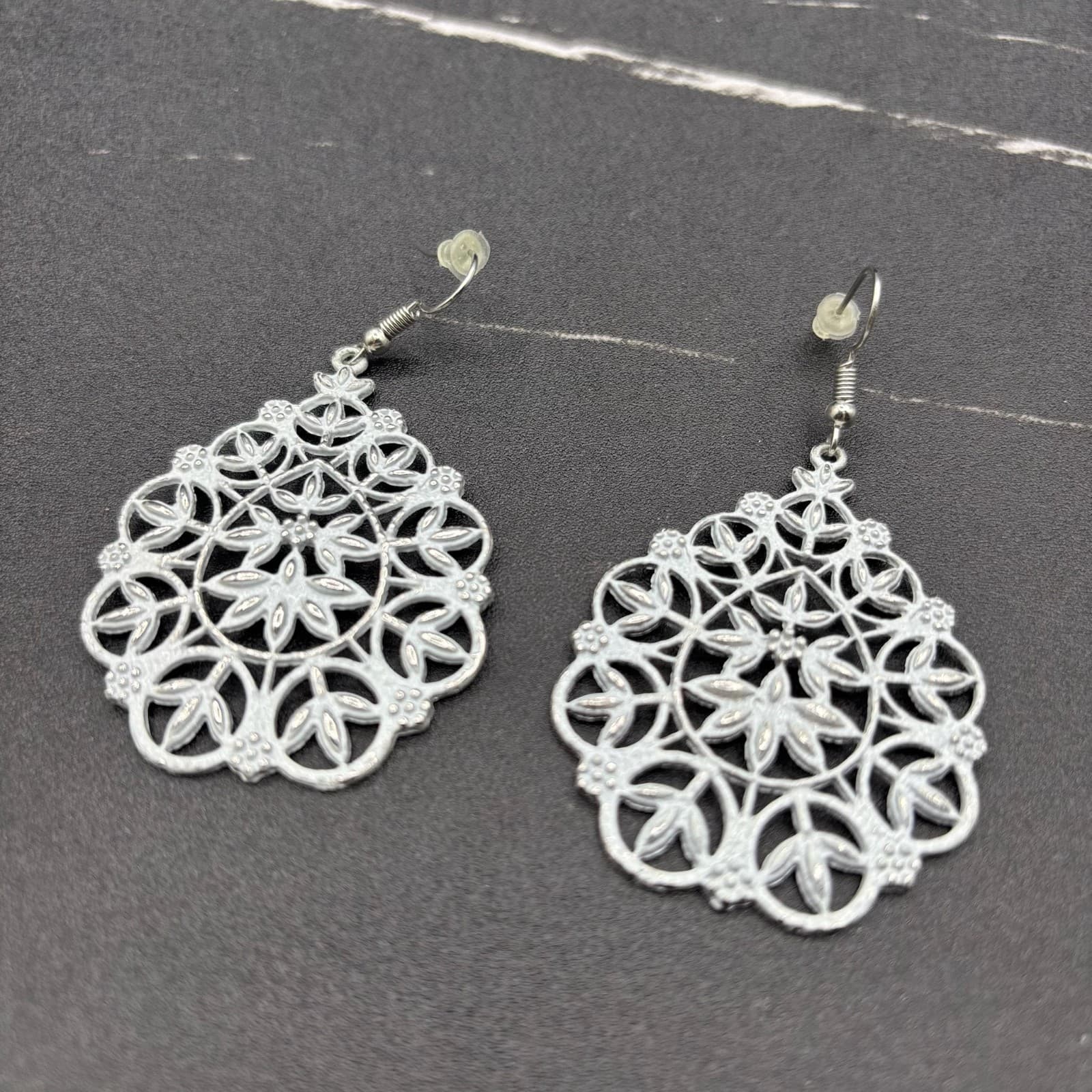 Silver Filigree Teardrop Dangle Earrings Boho Floral Lightweight Statement - Thumbnail 2