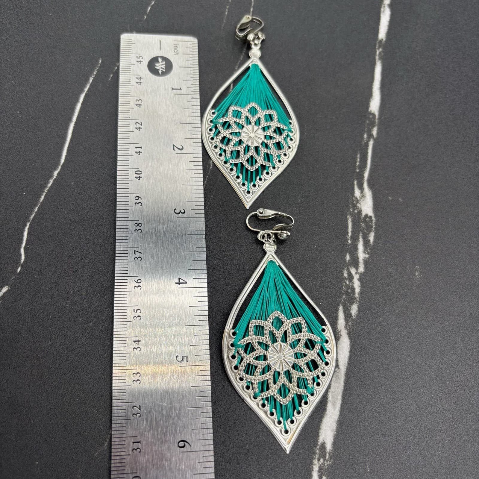 Vintage Y2K Teal Thread Wrapped Mandala Drop Earrings Boho Festival Statement - Thumbnail 8