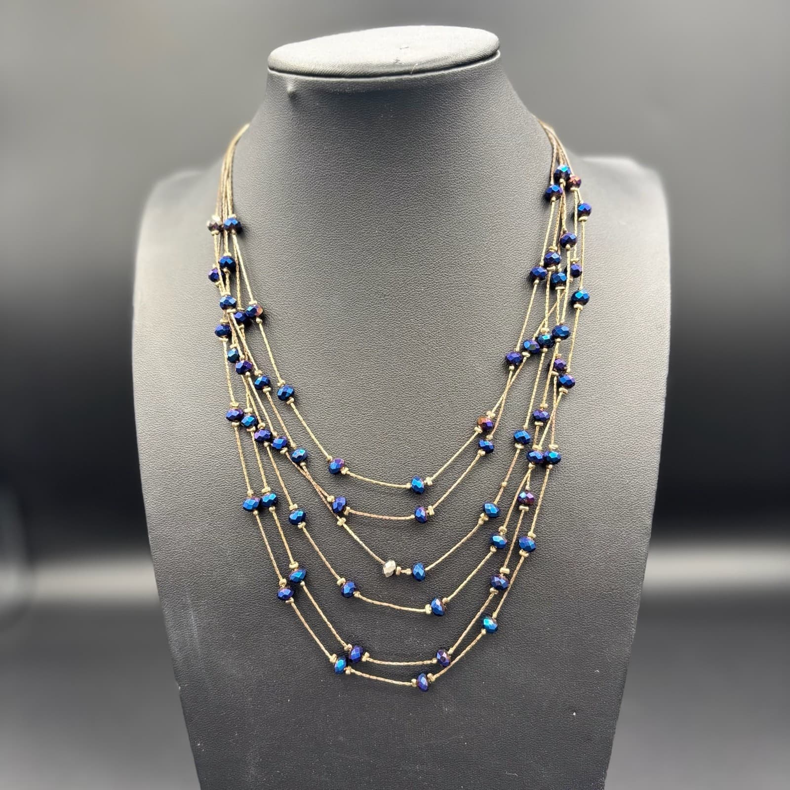 Vintage Multi-Strand Gold Silk Thread Iridescent Blue Glass Beads Several Layer - Image 1