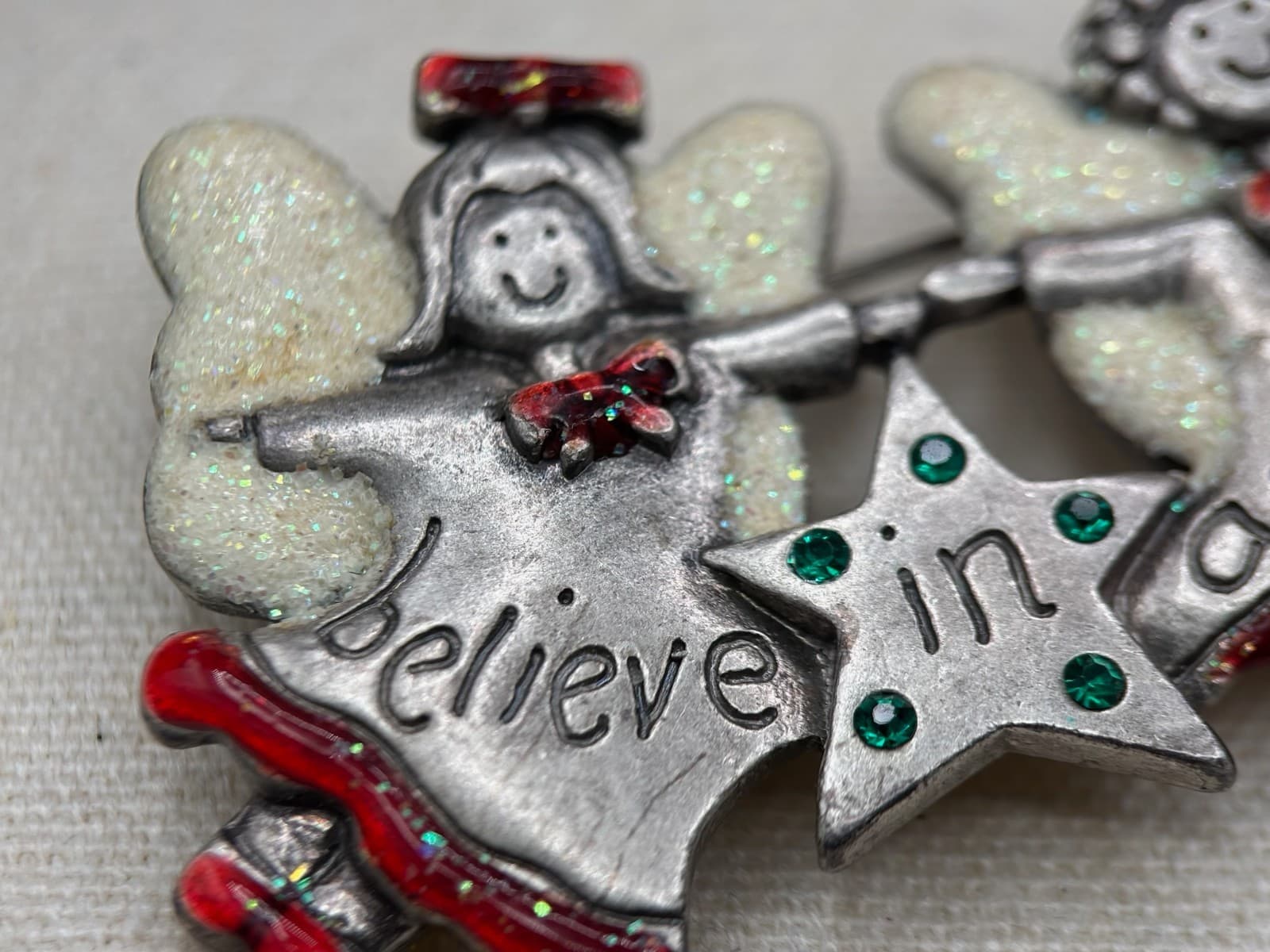 Vintage AJMC Christmas Angel Pin Brooch "Believe in Angels" Glitter Enamel - Image 1