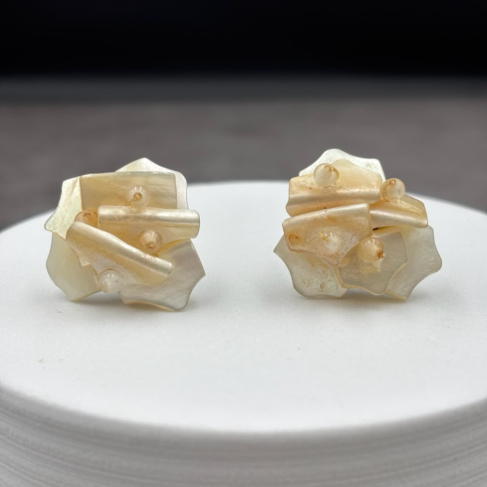 Vintage Mother of Pearl Cluster Screw-Back Earrings Iridescent Floral Design - Image 1