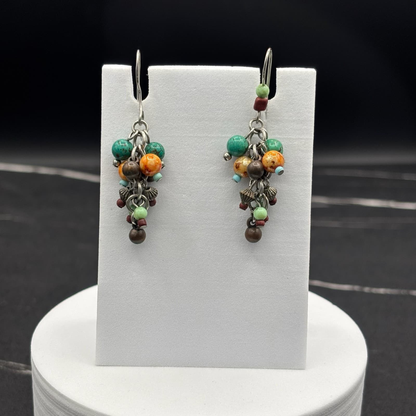 Boho Multi-Color Beaded Cluster Dangle Earrings Artisan Earthy Style - Thumbnail 2