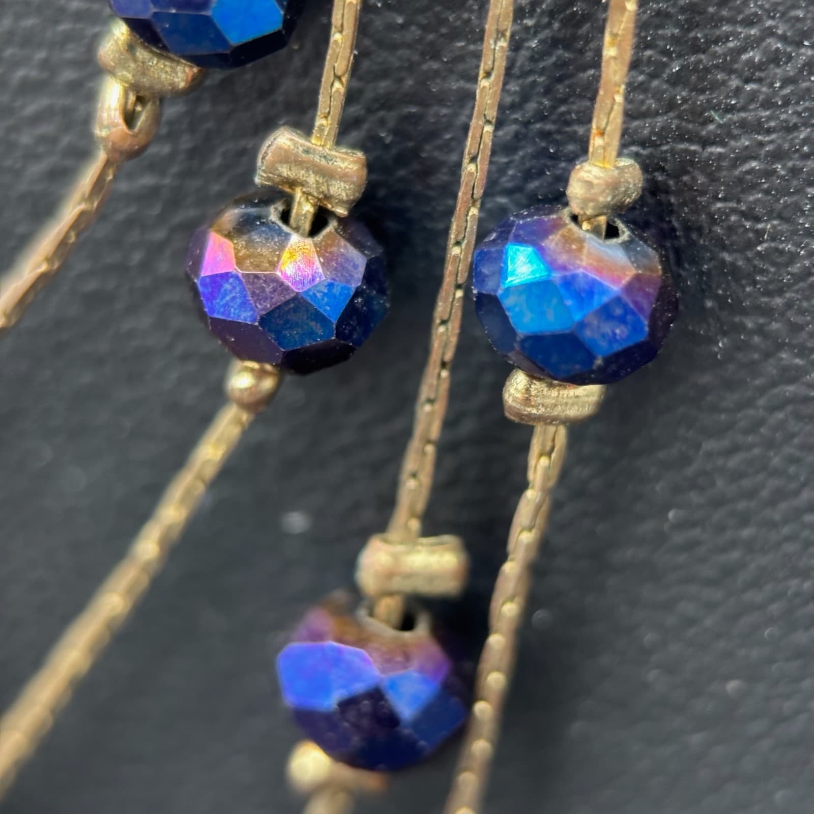 Vintage Multi-Strand Gold Silk Thread Iridescent Blue Glass Beads Several Layer - Thumbnail 3