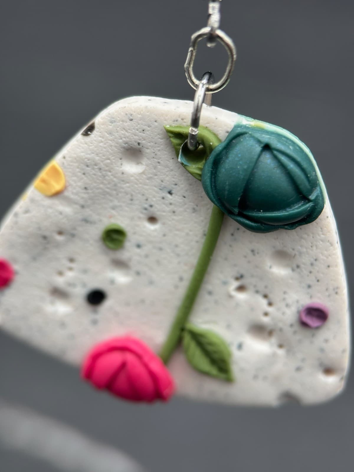 Polymer Clay Flower Earrings Speckled Neutral Geometric Boho Spring Statement - Thumbnail 2
