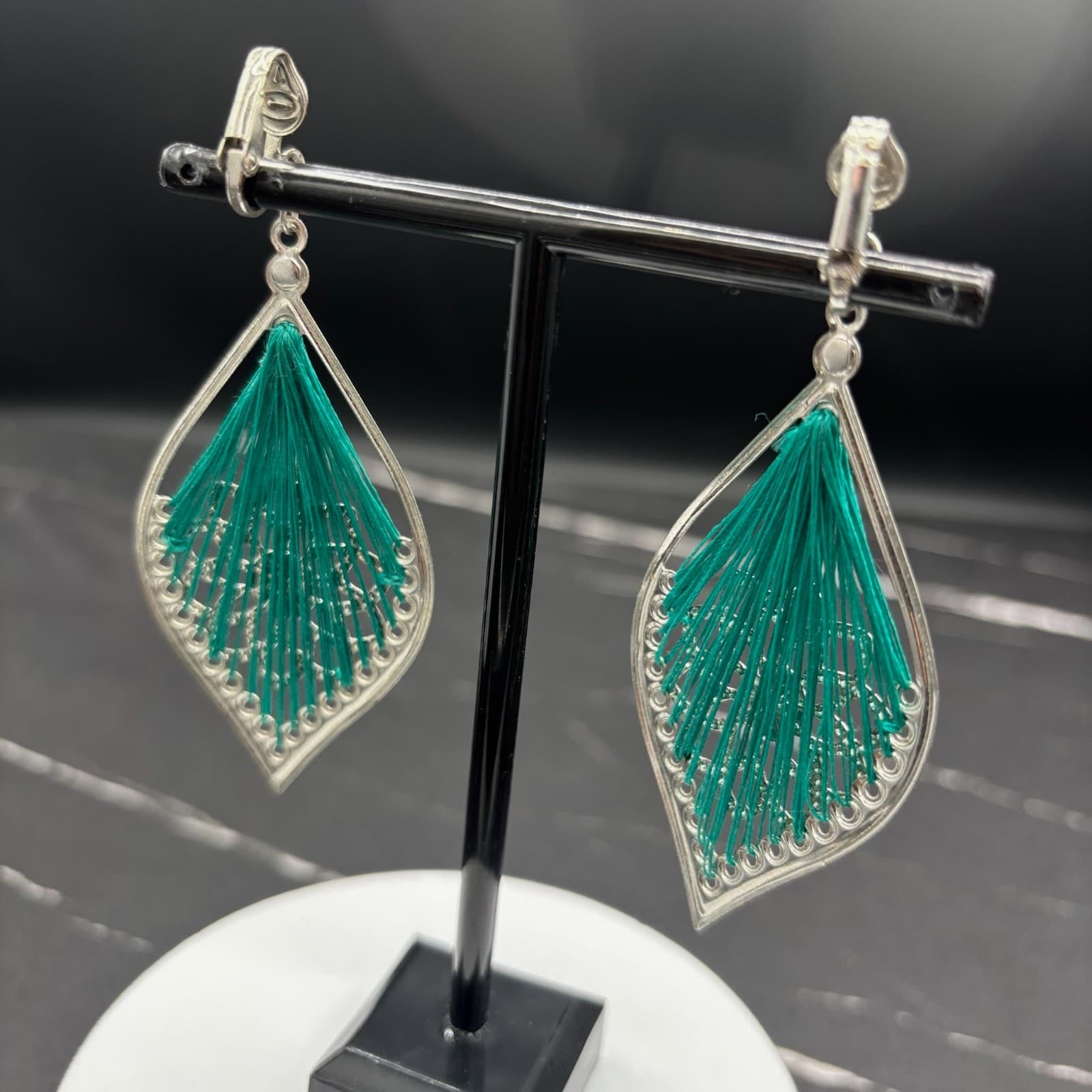 Vintage Y2K Teal Thread Wrapped Mandala Drop Earrings Boho Festival Statement - Thumbnail 6