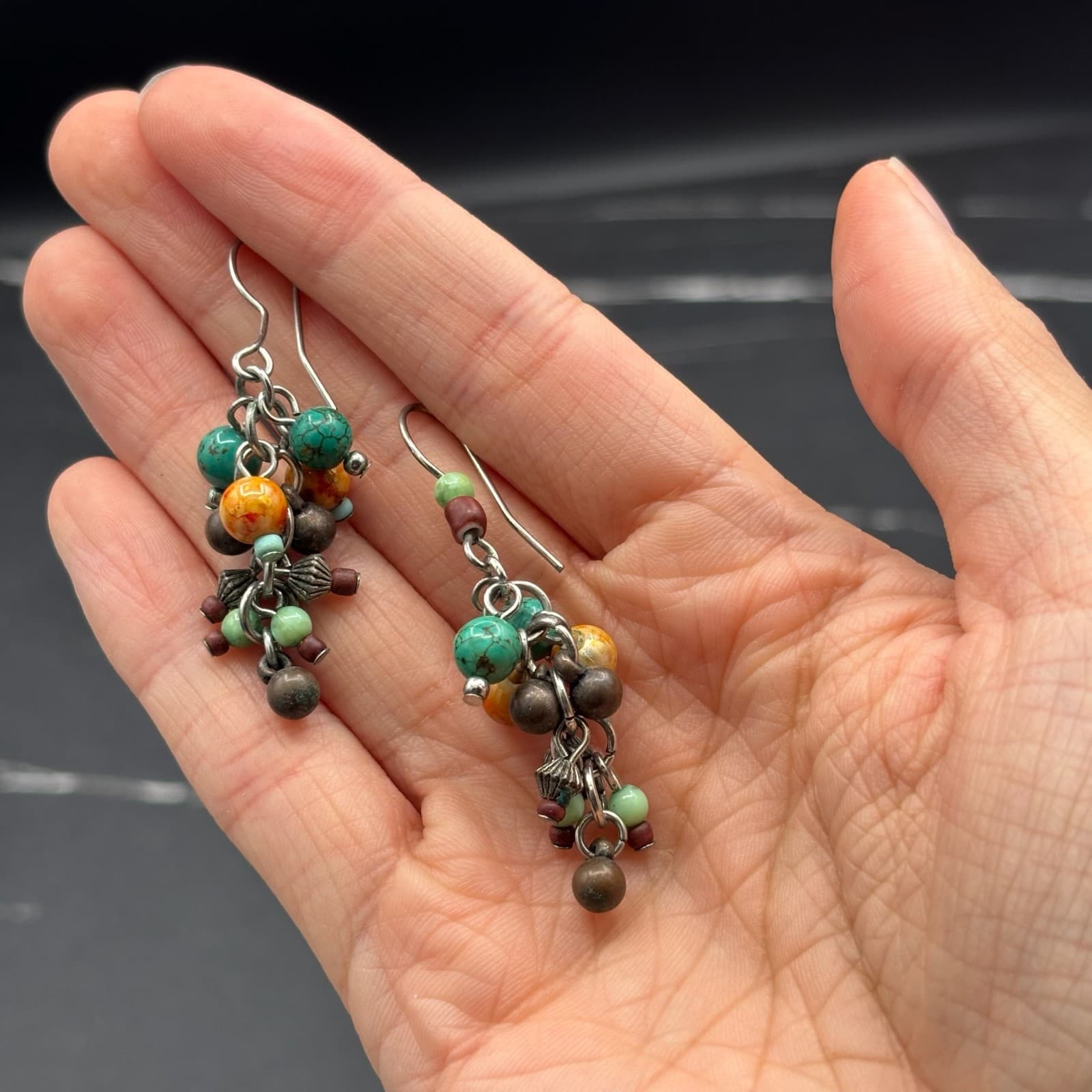 Boho Multi-Color Beaded Cluster Dangle Earrings Artisan Earthy Style - Thumbnail 8