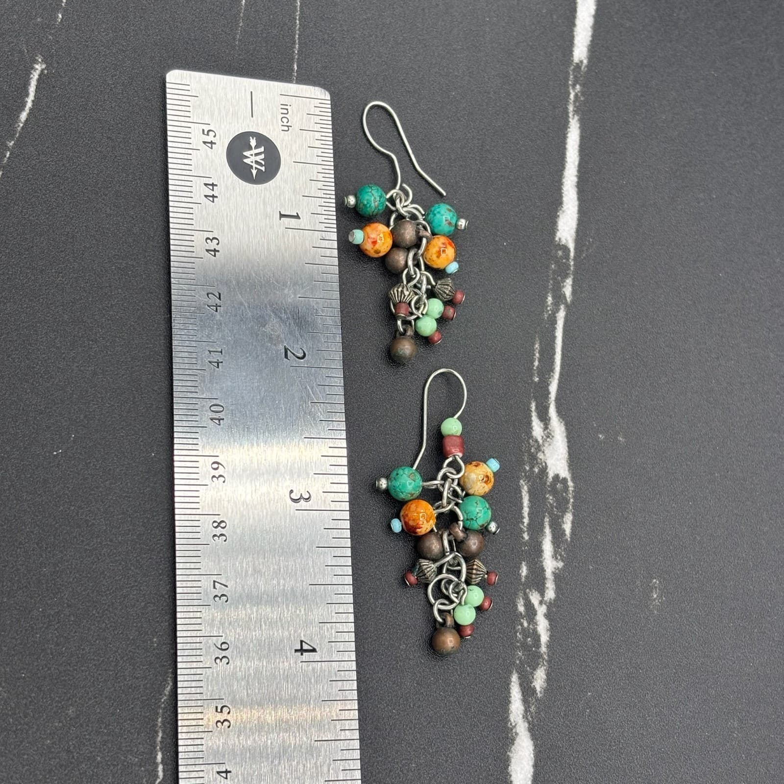 Boho Multi-Color Beaded Cluster Dangle Earrings Artisan Earthy Style - Thumbnail 9