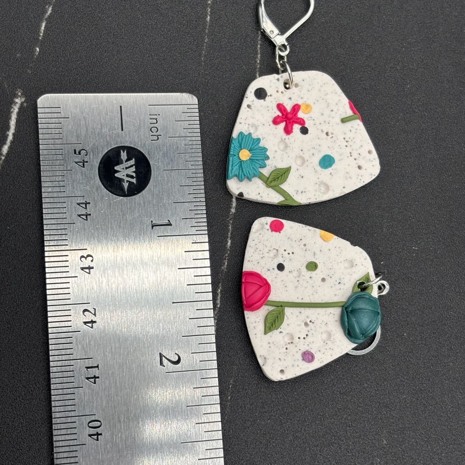 Polymer Clay Flower Earrings Speckled Neutral Geometric Boho Spring Statement - Thumbnail 8