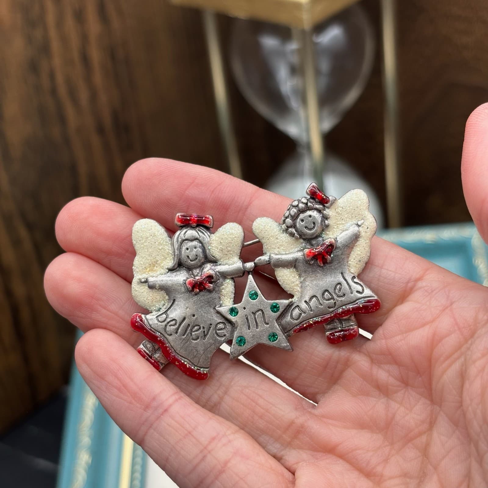 Vintage AJMC Christmas Angel Pin Brooch "Believe in Angels" Glitter Enamel - Thumbnail 5