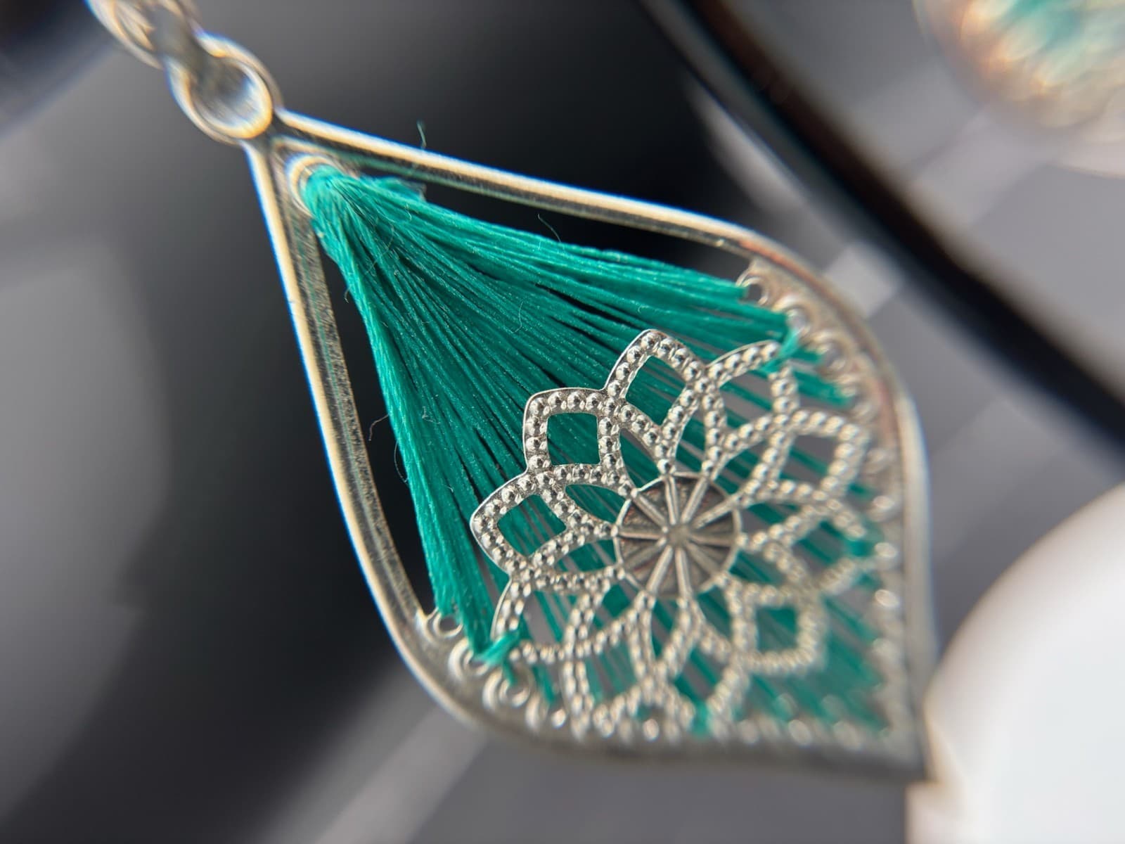 Vintage Y2K Teal Thread Wrapped Mandala Drop Earrings Boho Festival Statement - Thumbnail 2