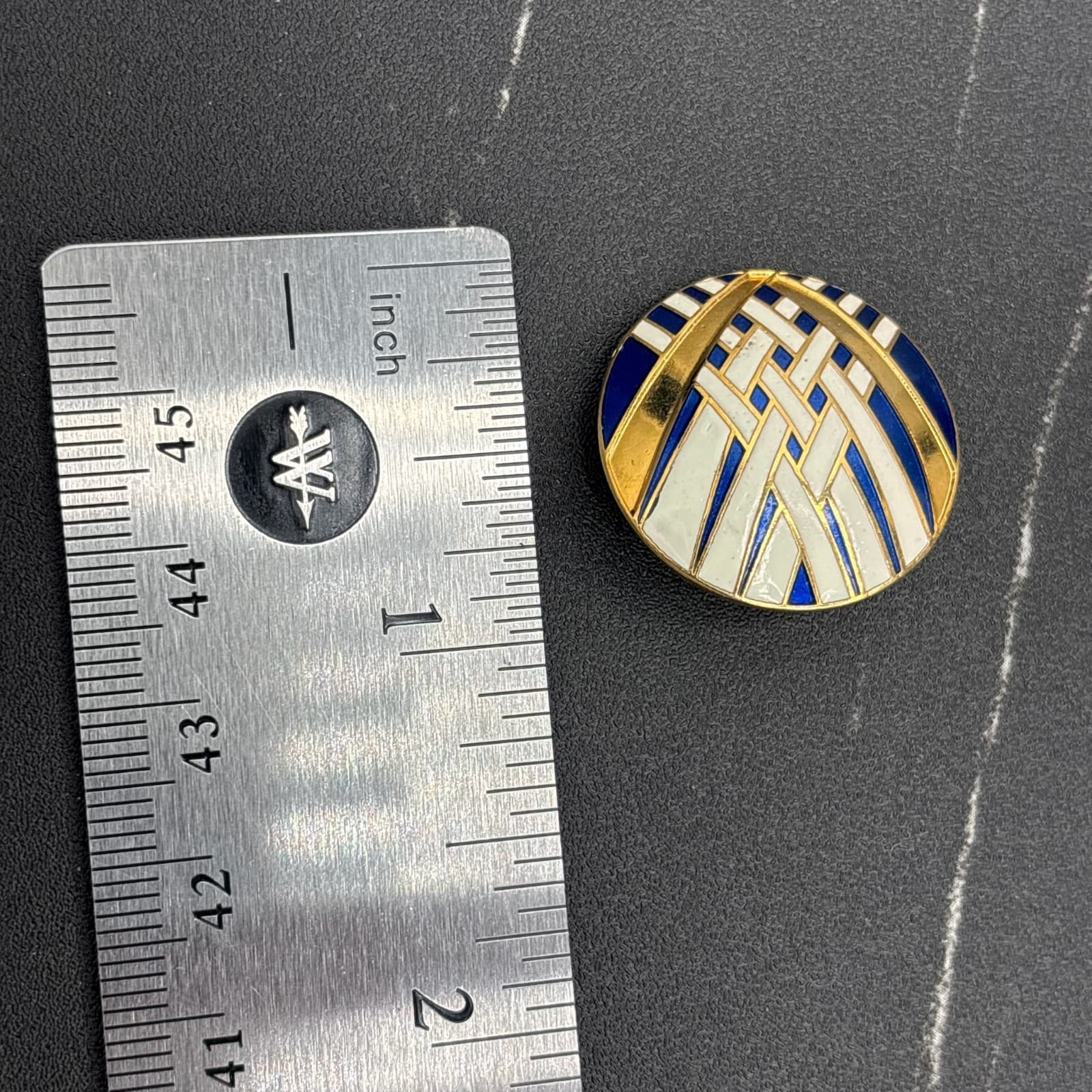 Vintage Gold Enamel Clip-On Earrings Blue White Art Deco Geometric Round - Thumbnail 7