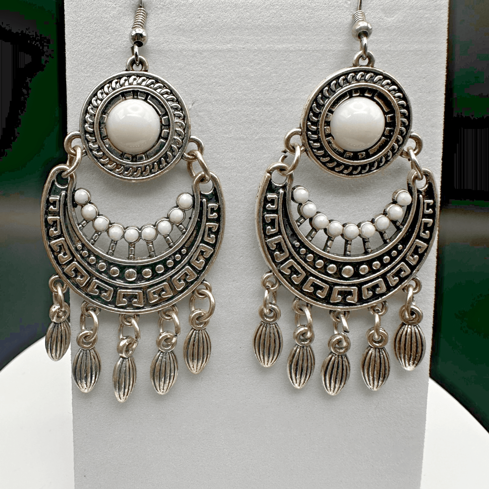 Vintage 90s Boho Dangle Earrings Silver-Tone White Beaded Ethnic Grecian Style - Image 1