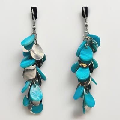 Vintage Turquoise Shell Cluster Dangle Earrings Boho Beach Statement - Image 1