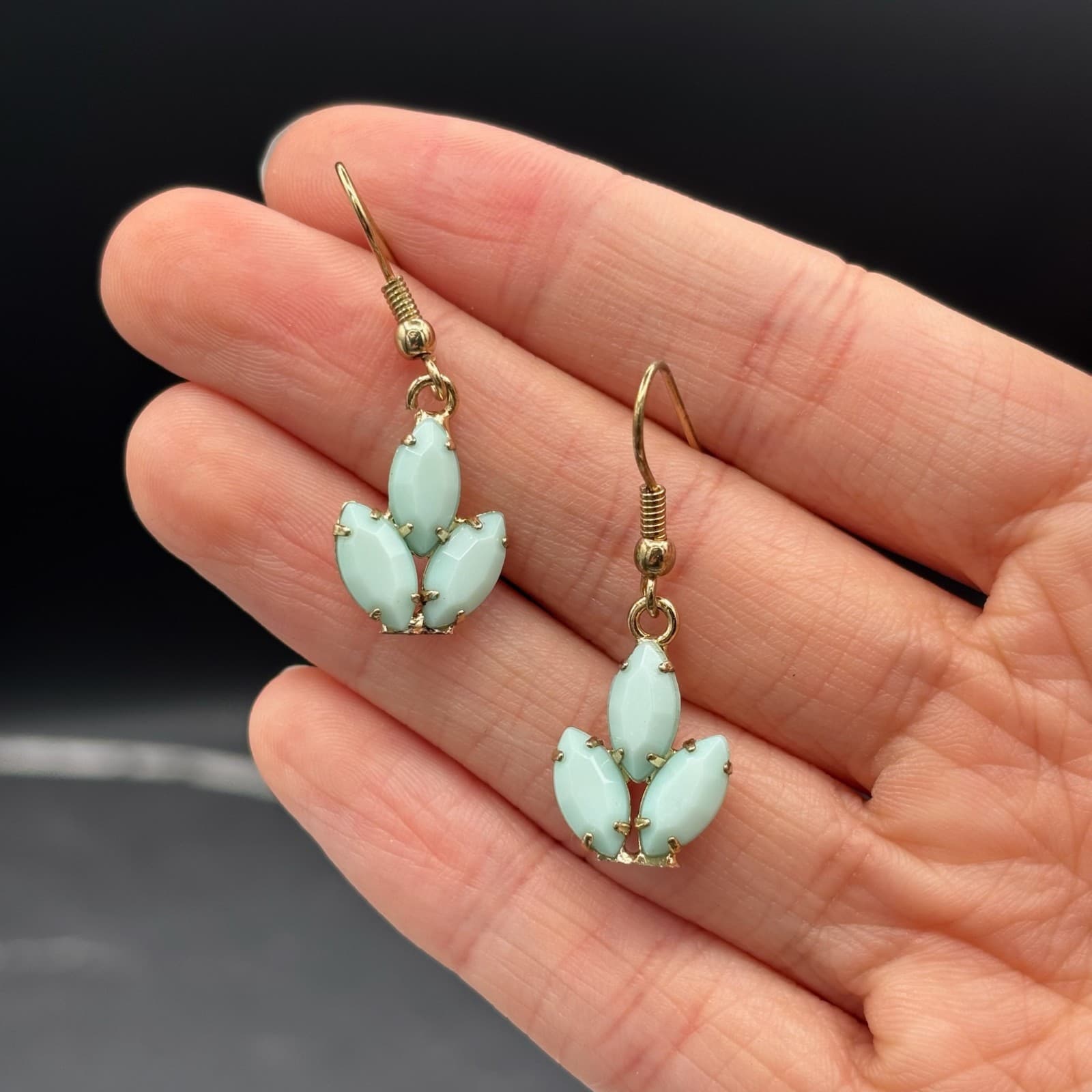 Vintage 90s Gold-Tone Mint Marquise Drop Earrings Delicate Floral Chic - Image 1