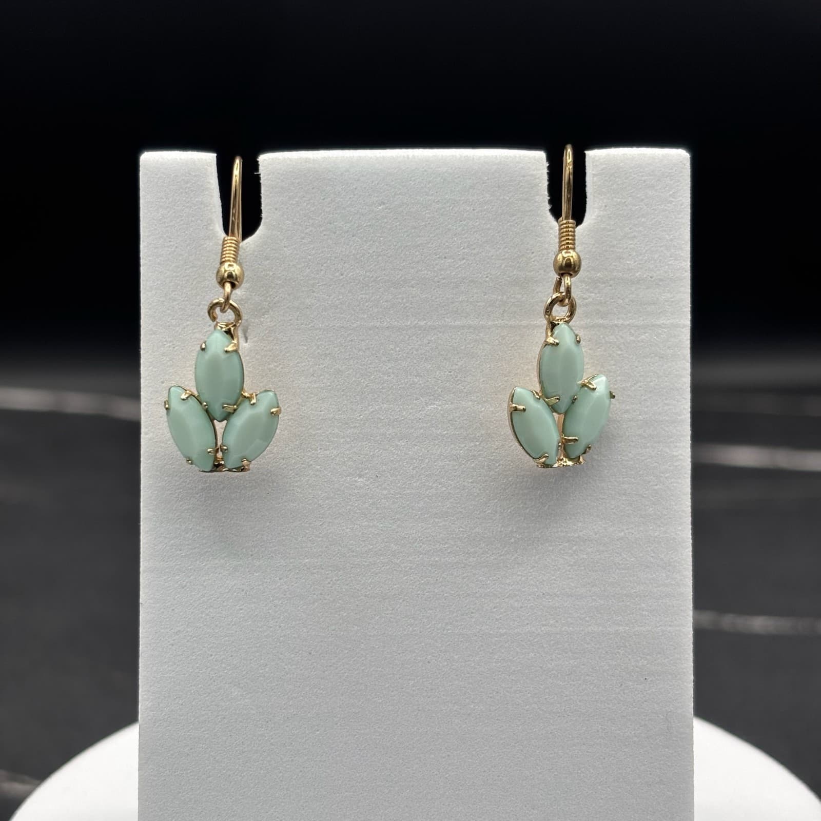 Vintage 90s Gold-Tone Mint Marquise Drop Earrings Delicate Floral Chic - Thumbnail 2