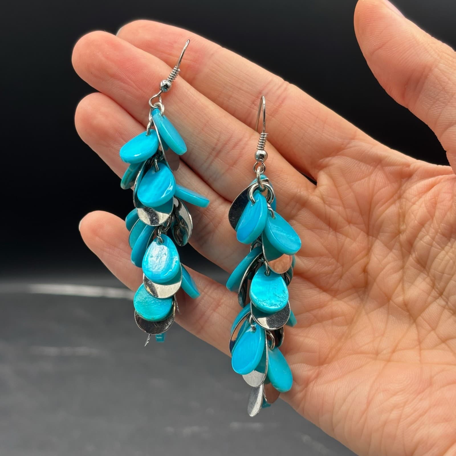 Vintage Turquoise Shell Cluster Dangle Earrings Boho Beach Statement - Thumbnail 2