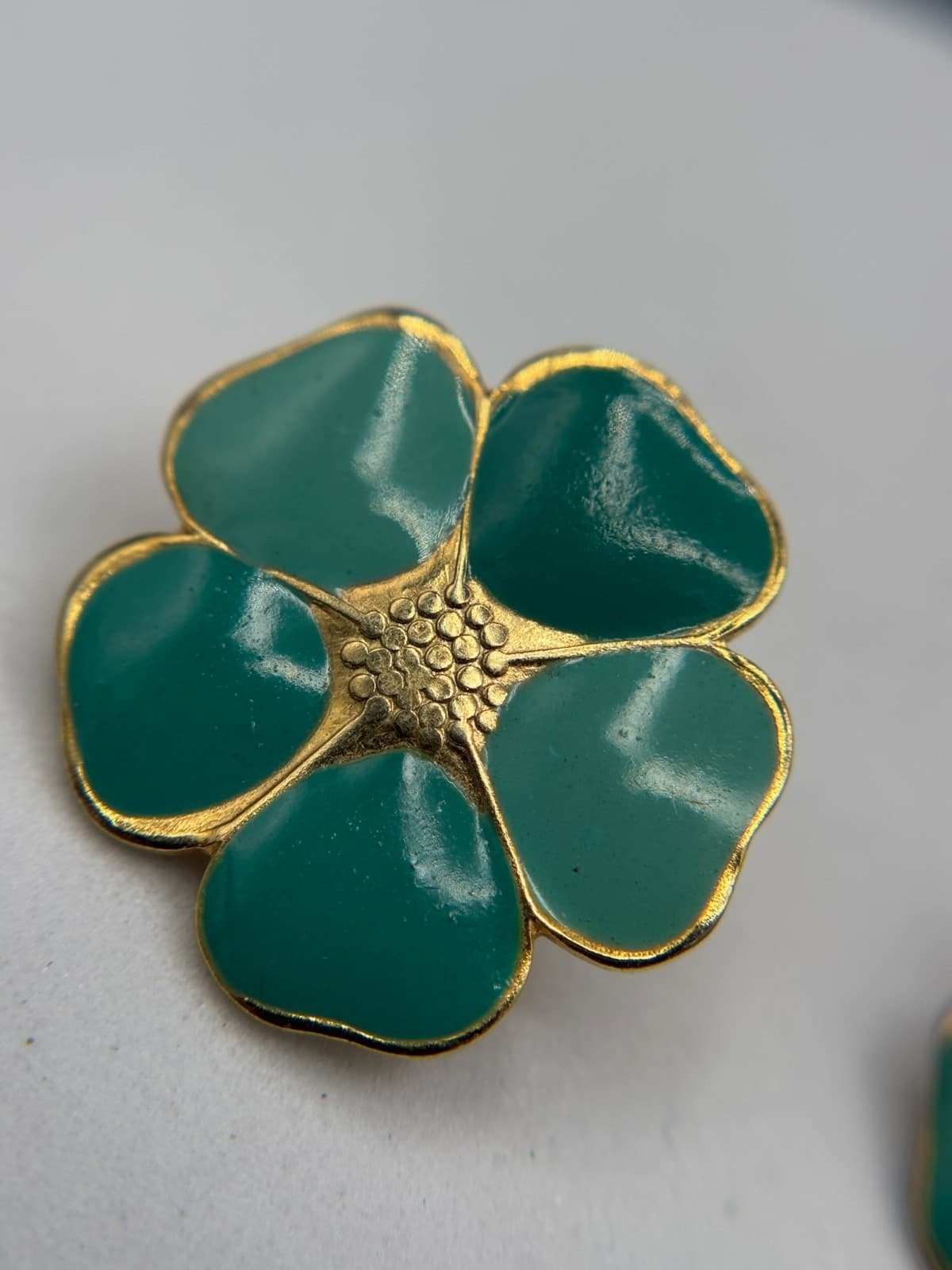 Gold-Tone Teal Enamel Flower Stud Earrings Retro Spring Chic - Thumbnail 3