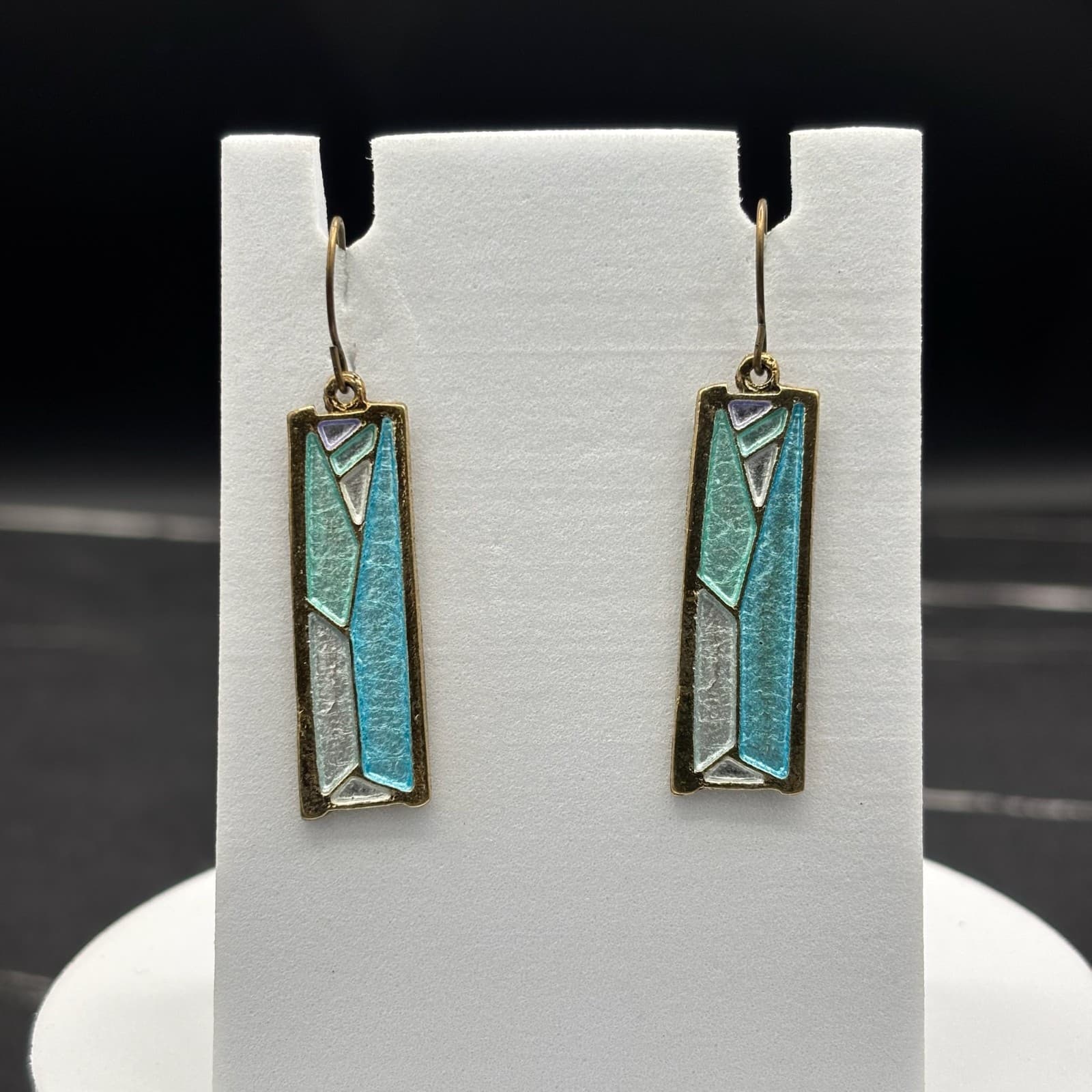 Painted Aluminum Art Deco Style Turquoise Drop Earrings Lightweight - Image 1