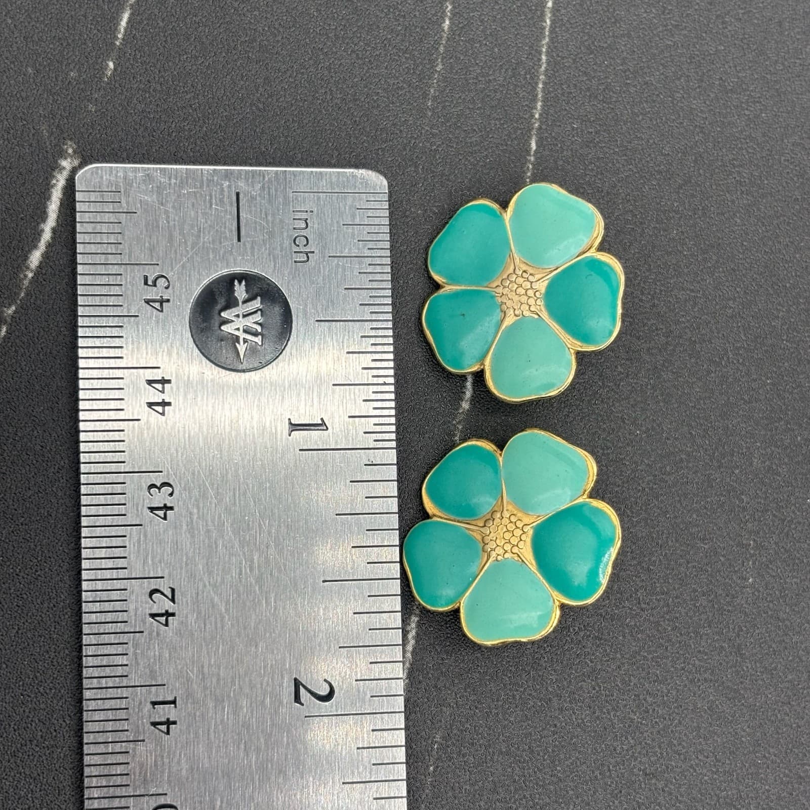 Gold-Tone Teal Enamel Flower Stud Earrings Retro Spring Chic - Thumbnail 6
